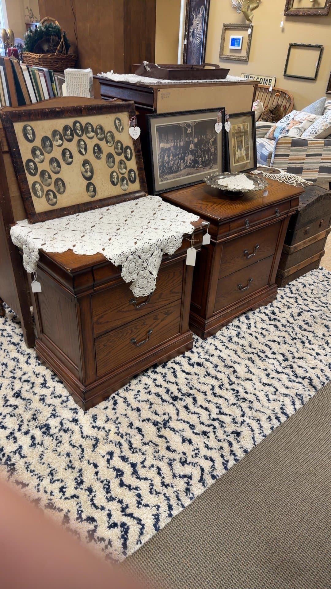 Vintage Wooden Nightstands with Decorative Doilies