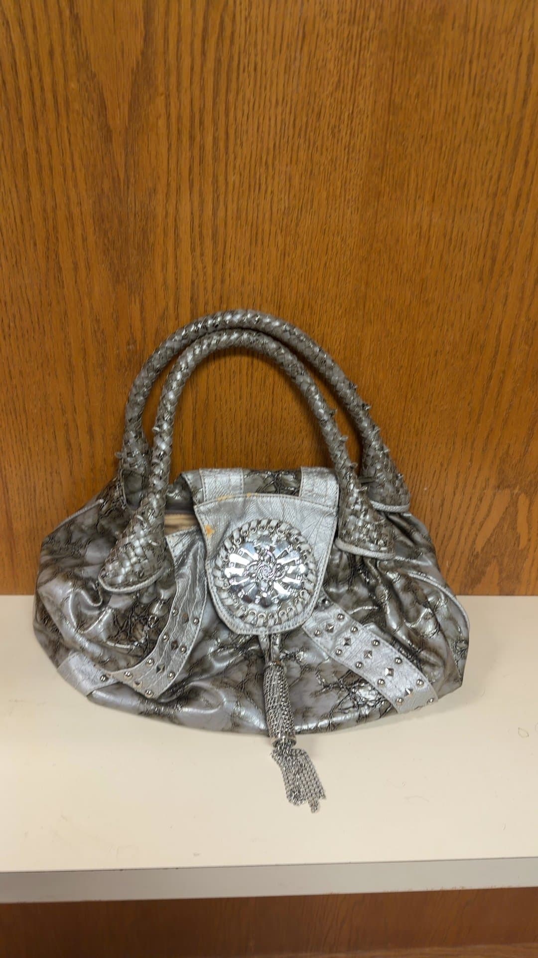 Metallic Silver Studded Faux Leather Shoulder Bag with Medallion - Image 1