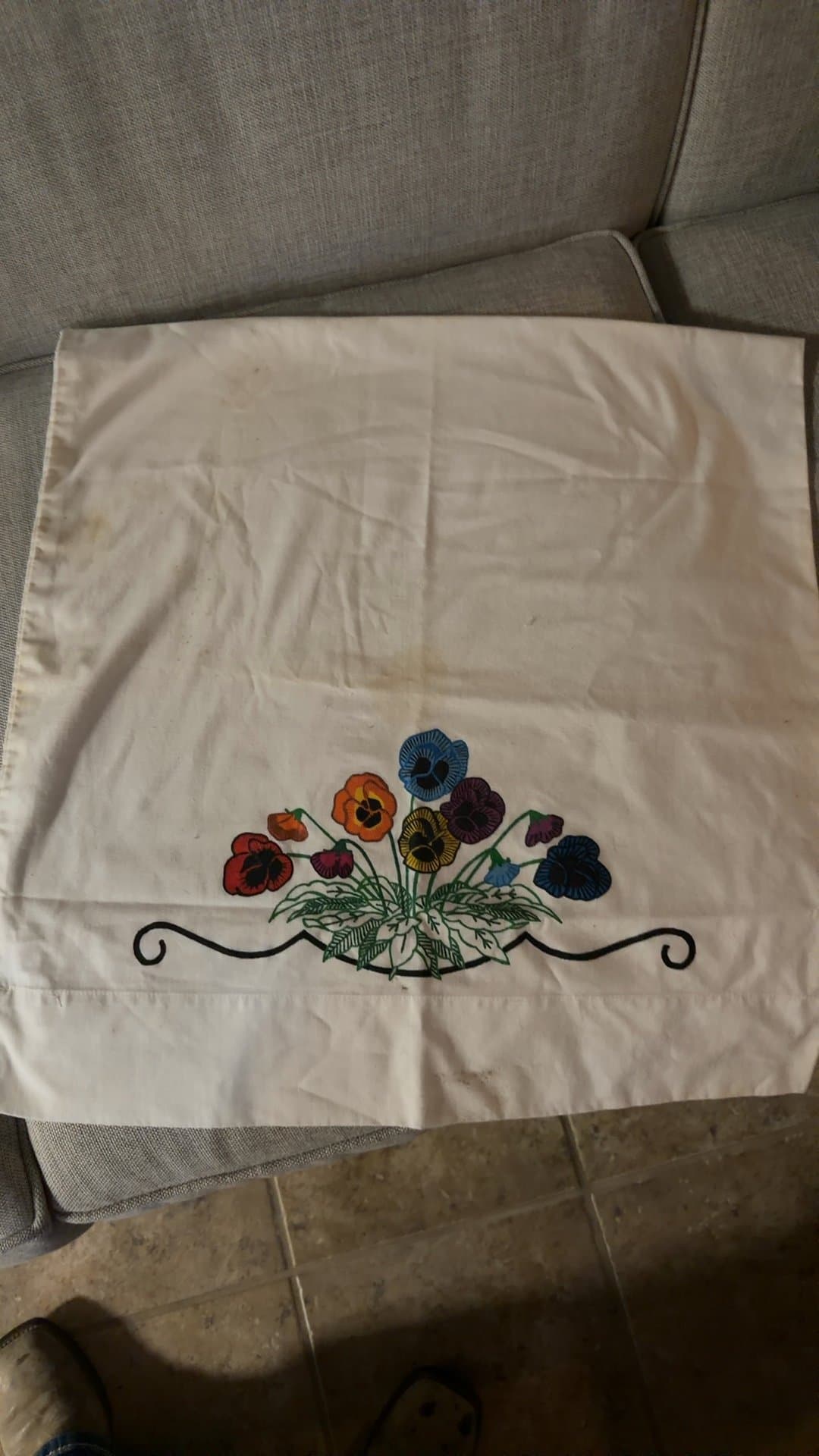 Vintage Hand Painted Pansy Pillowcase - Image 1