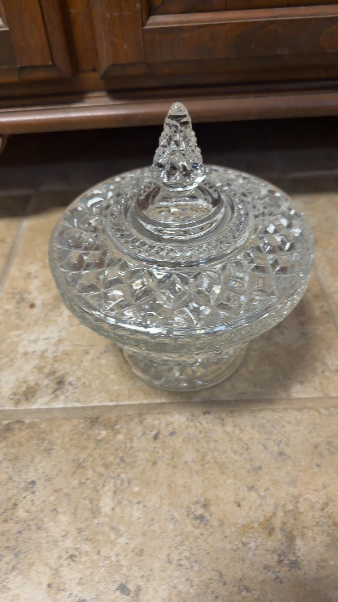 Vintage Clear Cut Glass Covered Candy Dish - Image 1