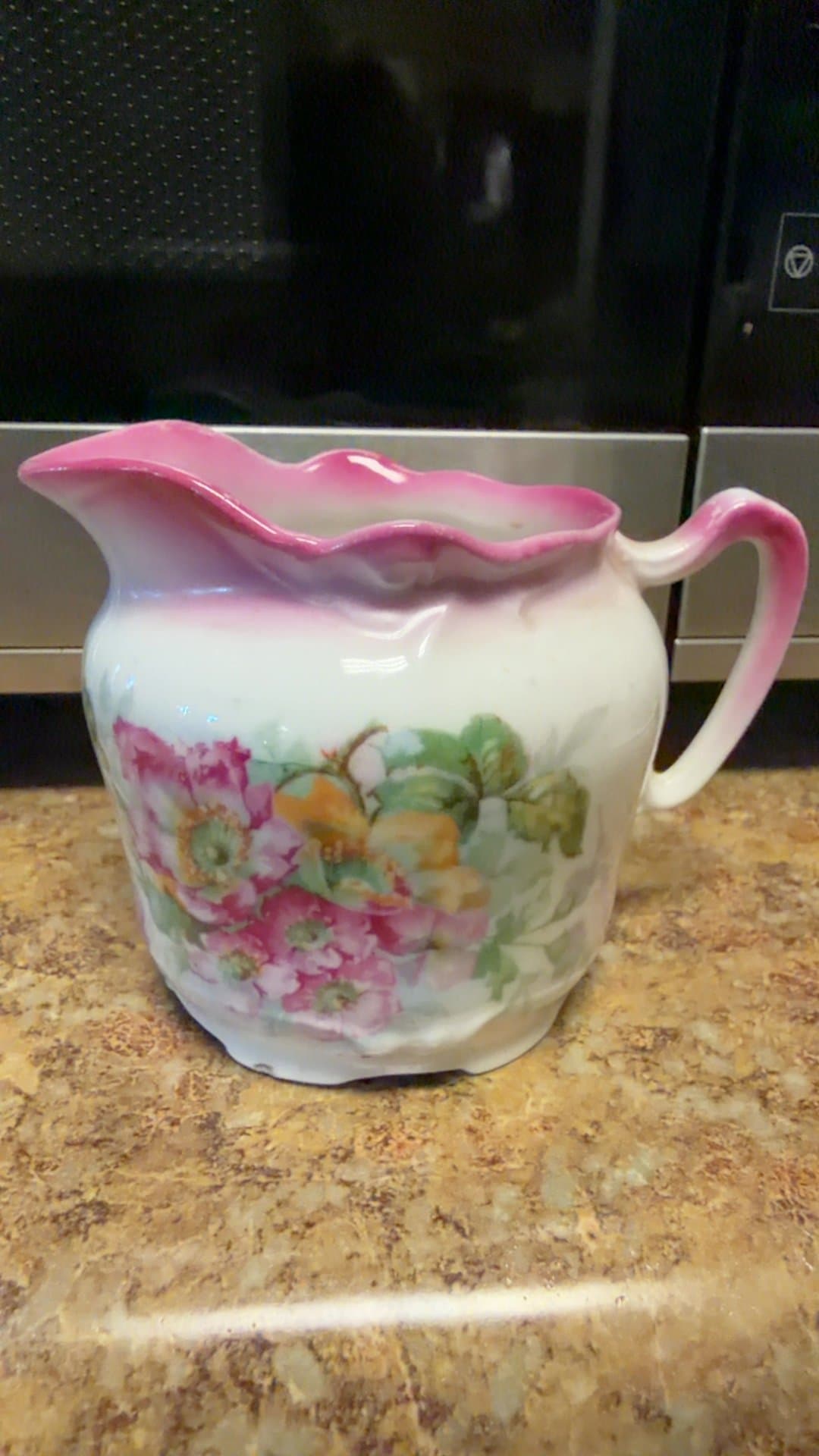 Vintage Floral Porcelain Creamer Pitcher with Pink Ruffled Rim - Image 1