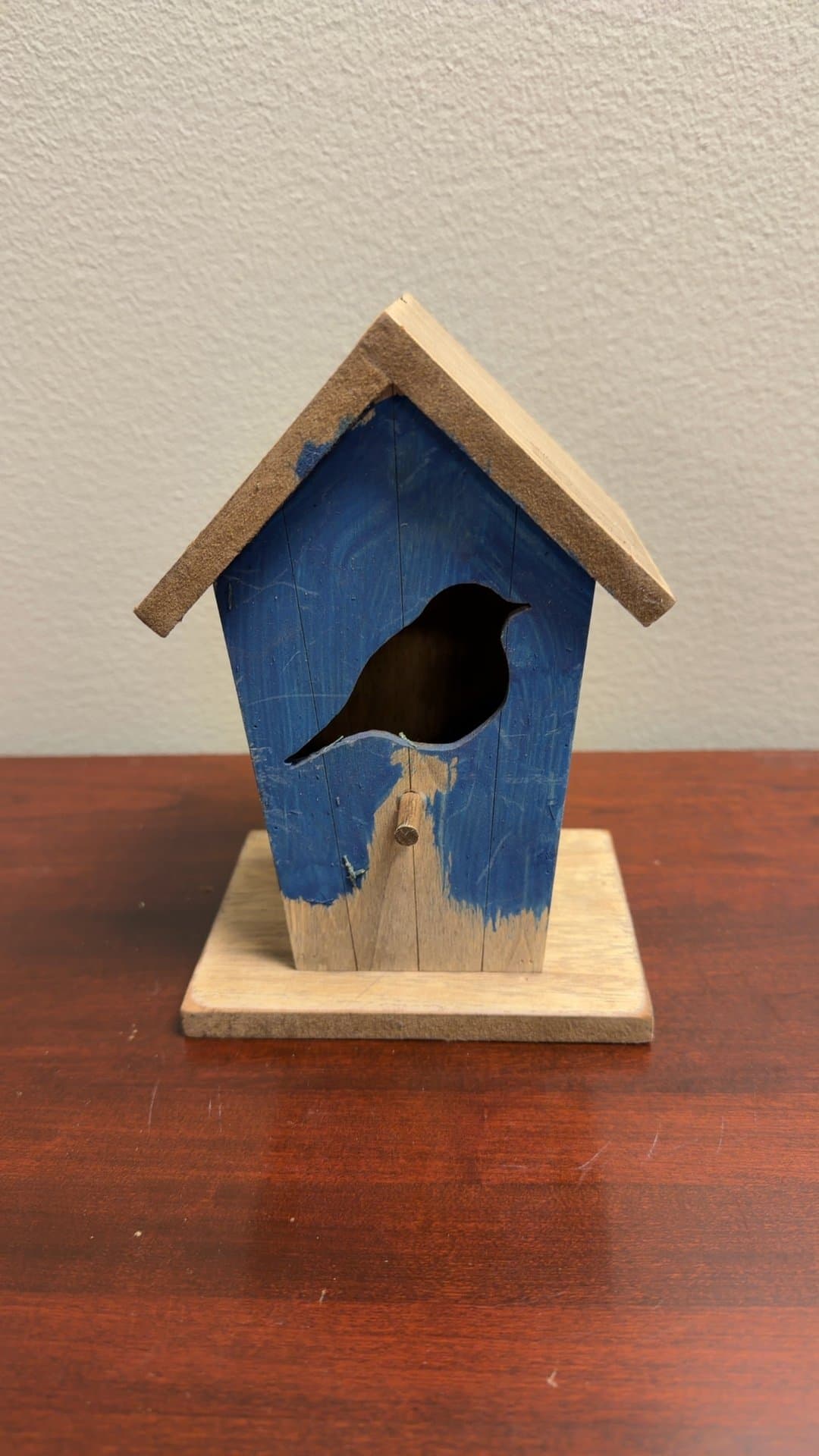 Wooden Birdhouse with Blue Front and Bird Cutout - Image 1