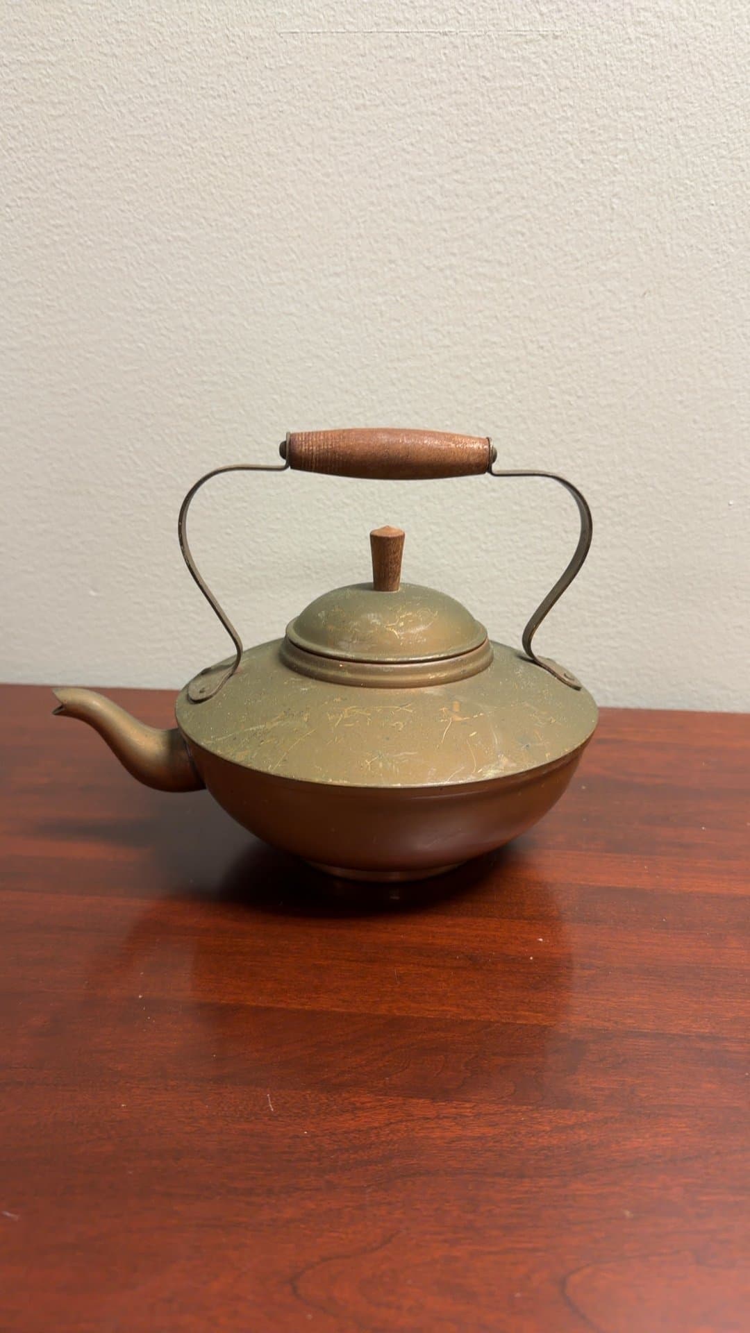 Vintage Copper Tea Kettle with Wooden Handle - Image 1