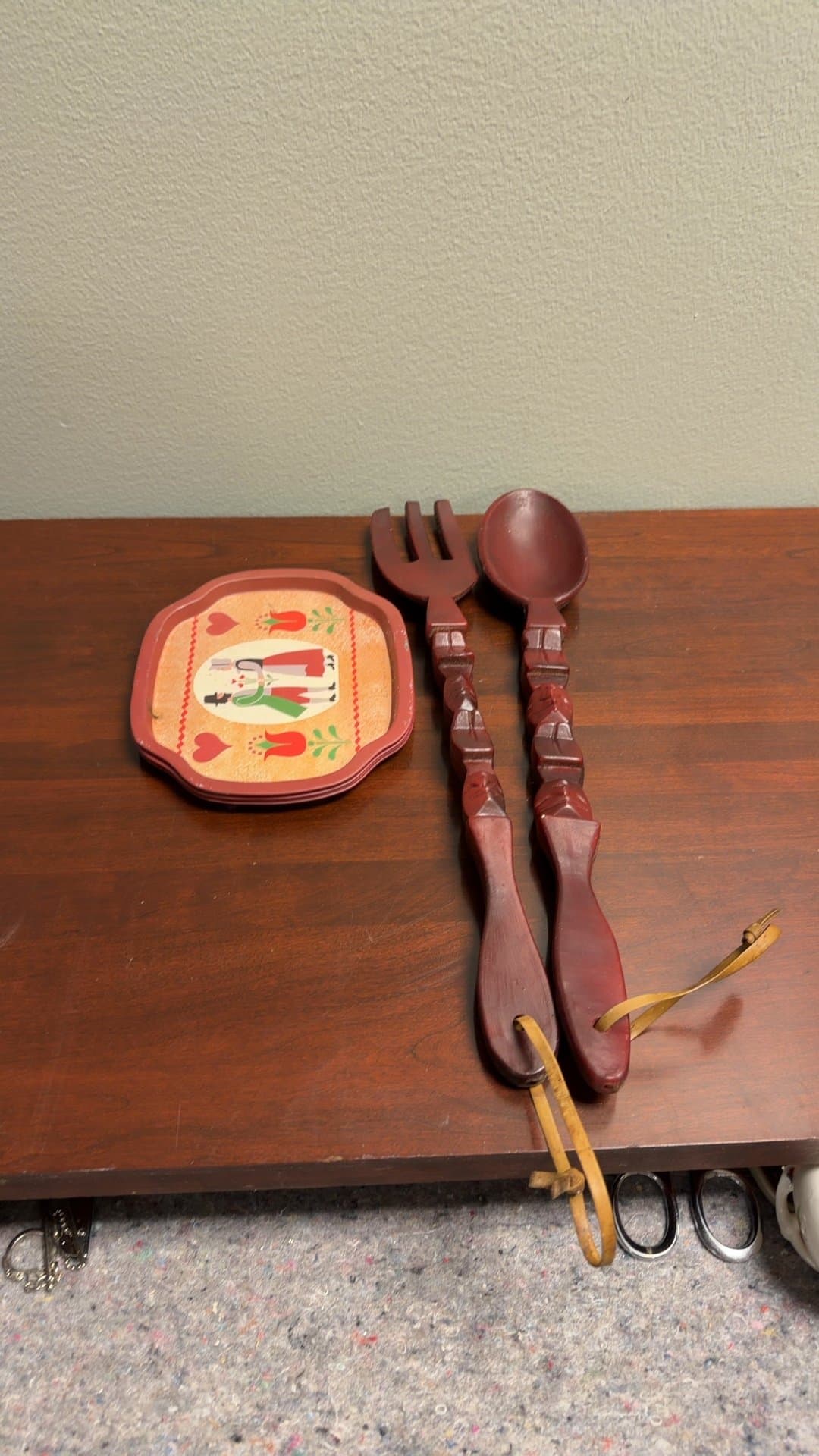 Vintage Wooden Fork and Spoon Wall Decor with Folk Art Tray - Image 1