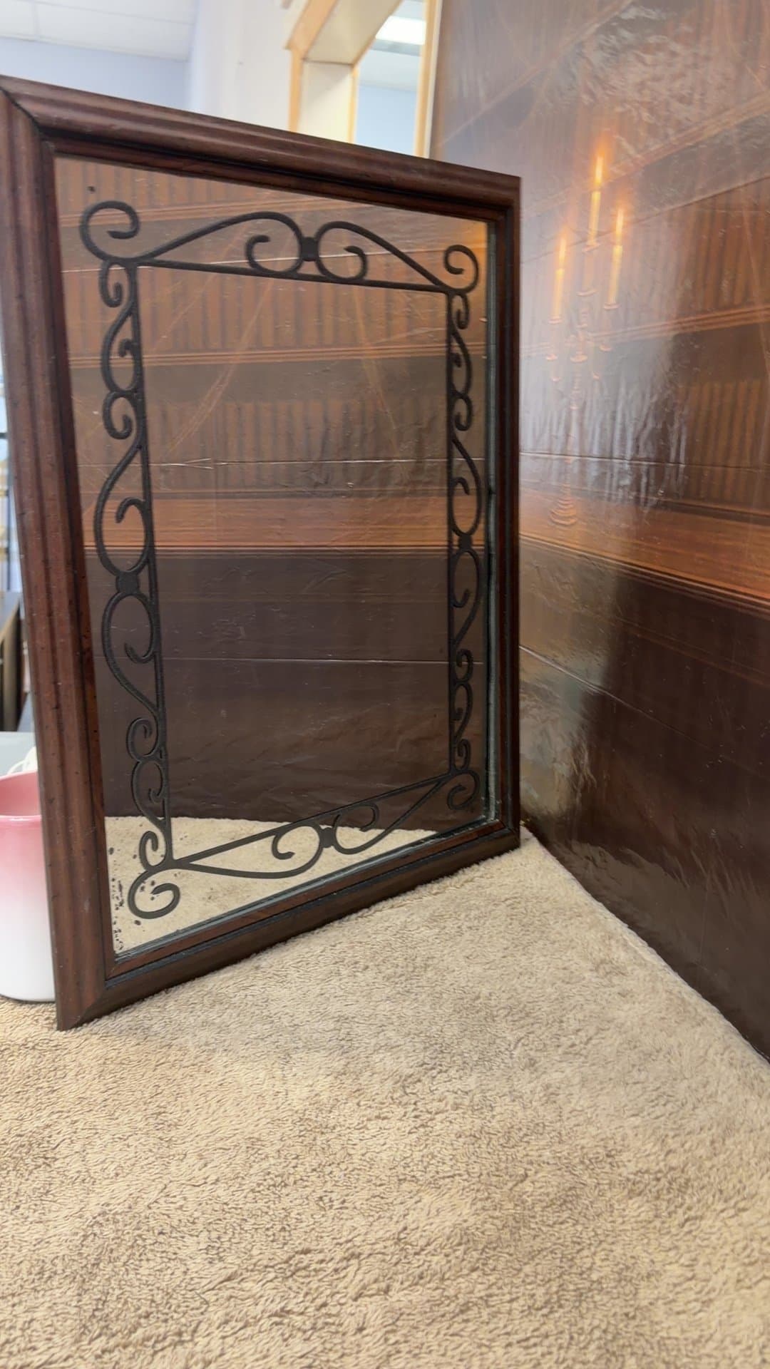 Vintage Wooden Framed Mirror with Black Scroll Border - Image 1