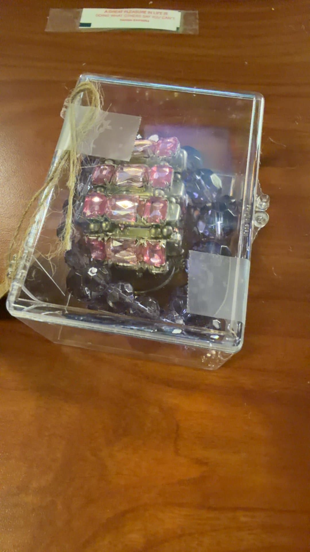 Decorative Glass Jewelry Box with Pink and Purple Beaded Bracelet - Image 1