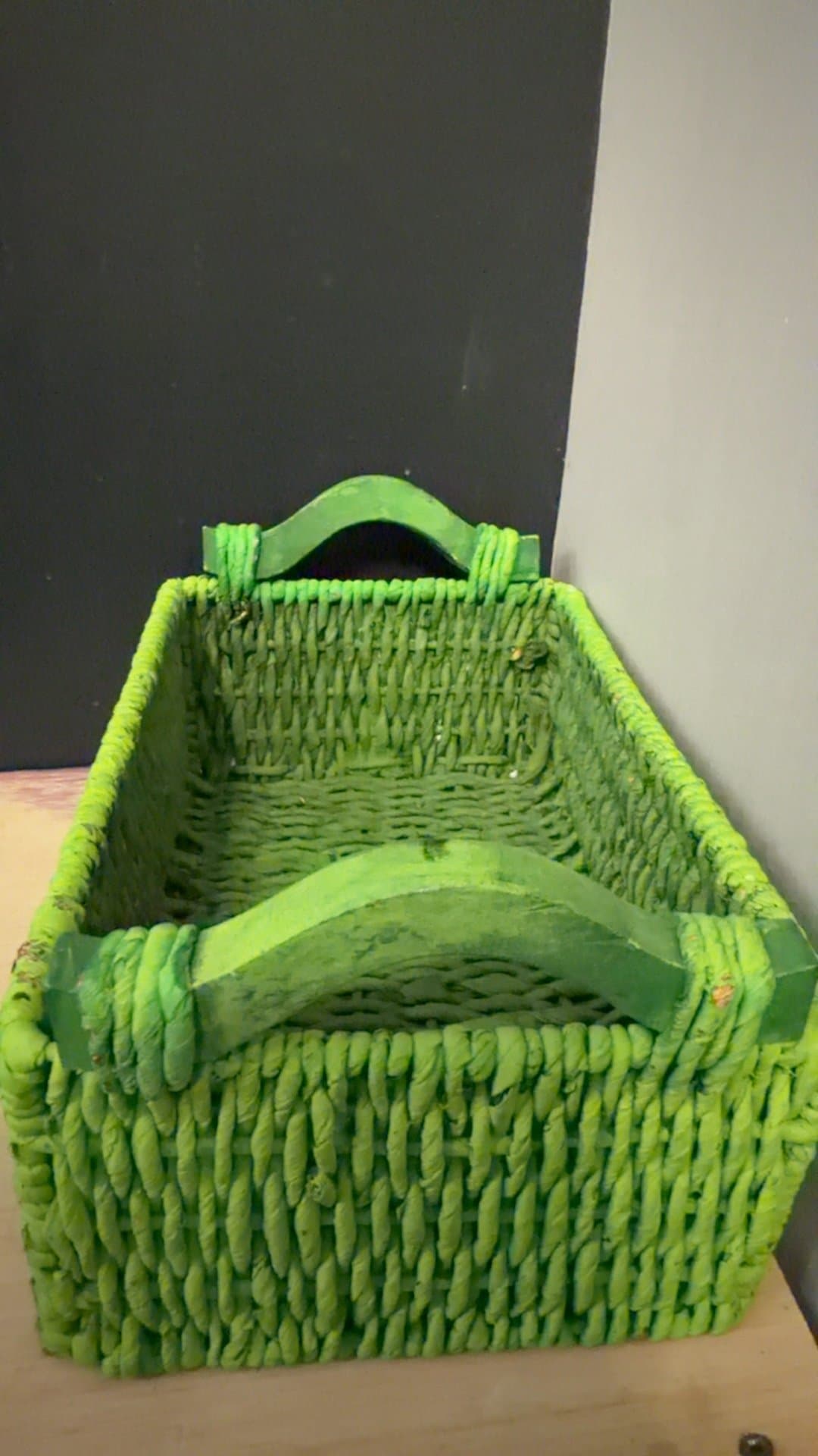 Green Painted Woven Storage Basket with Wooden Handles - Image 1
