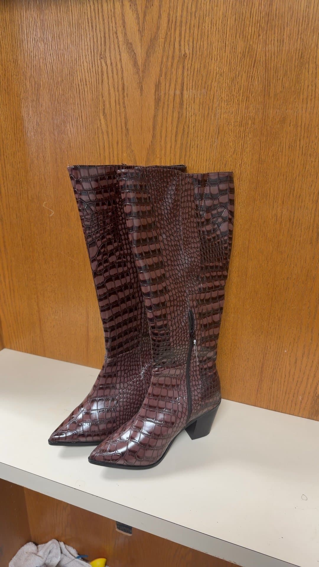 Women's Burgundy Crocodile Embossed Knee-High Boots - Image 1