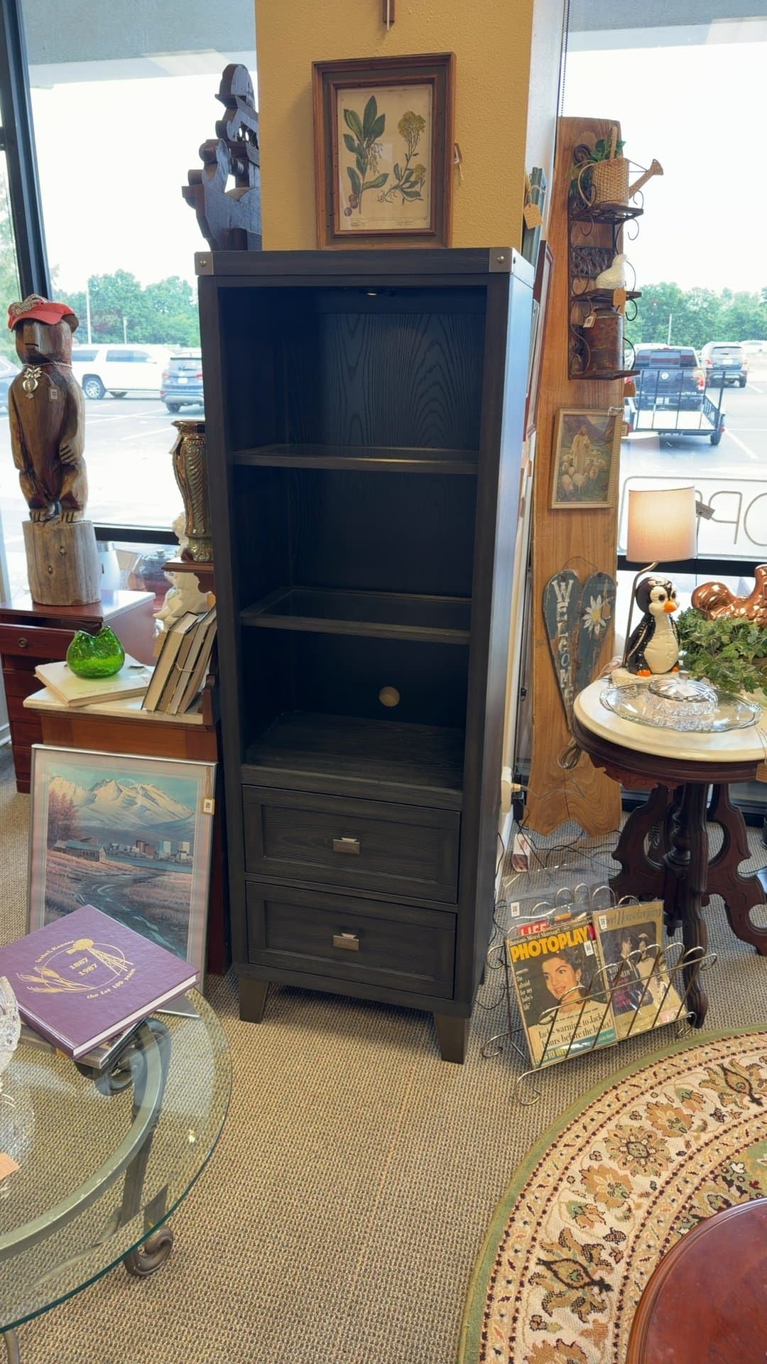 Tall Black Wooden Display Cabinet with Drawers - Image 1