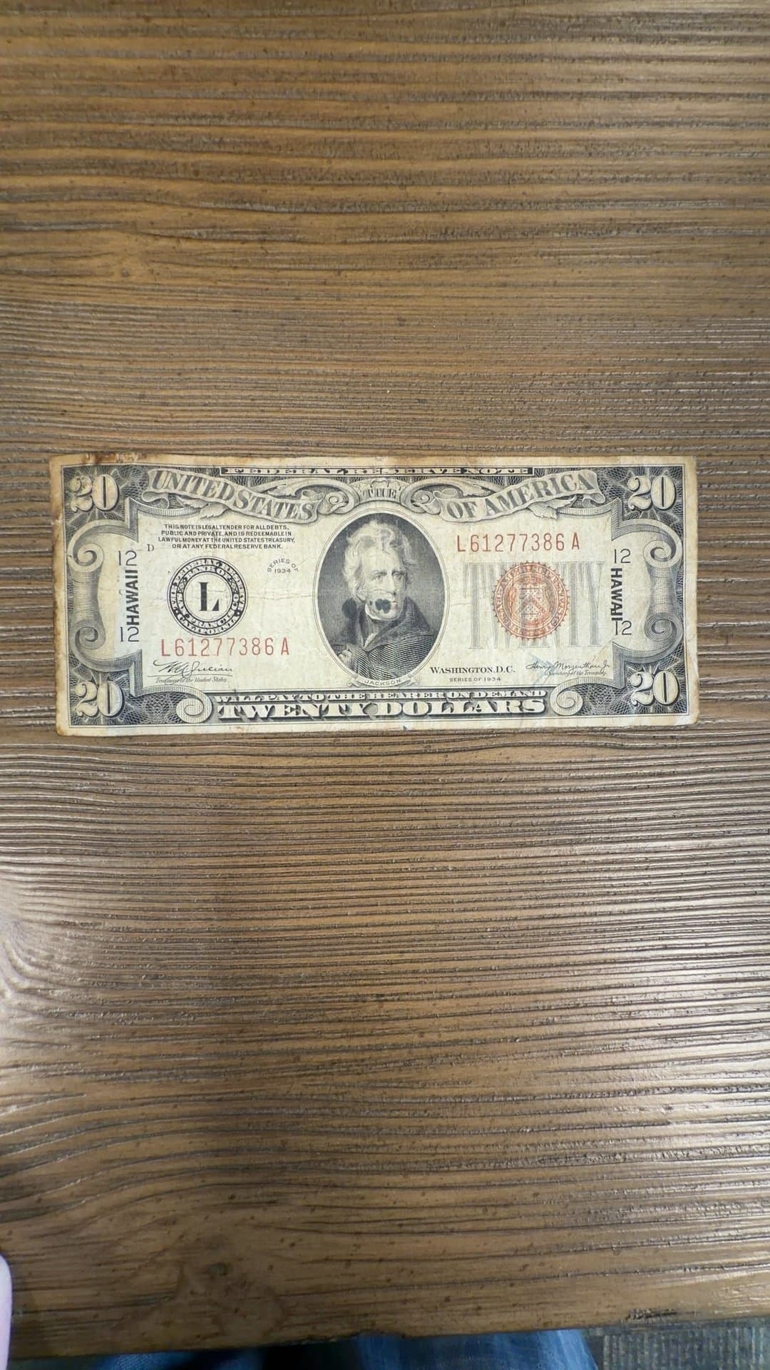1934 Hawaii Overprint $20 Bill - Image 1