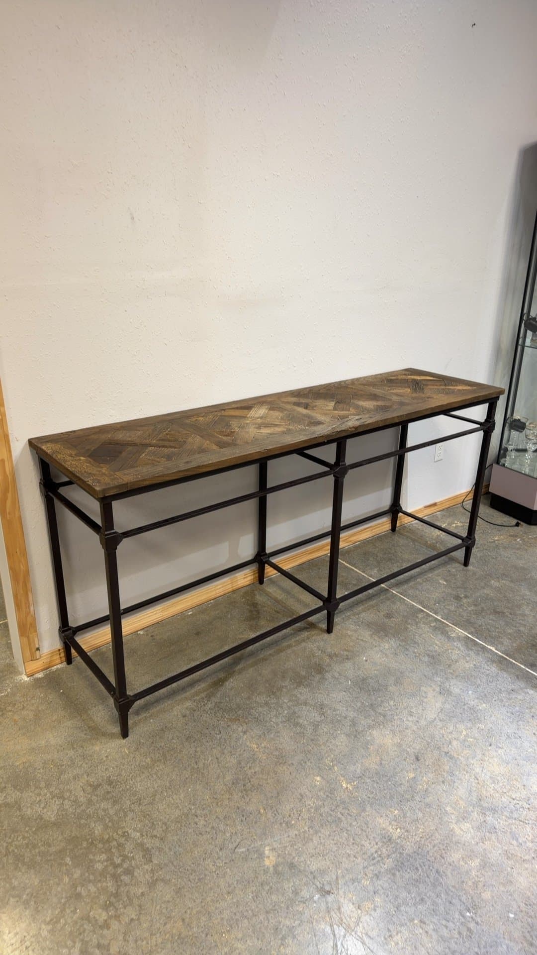 Rustic Reclaimed Wood Parquet Top Console Table with Metal Base - Image 1