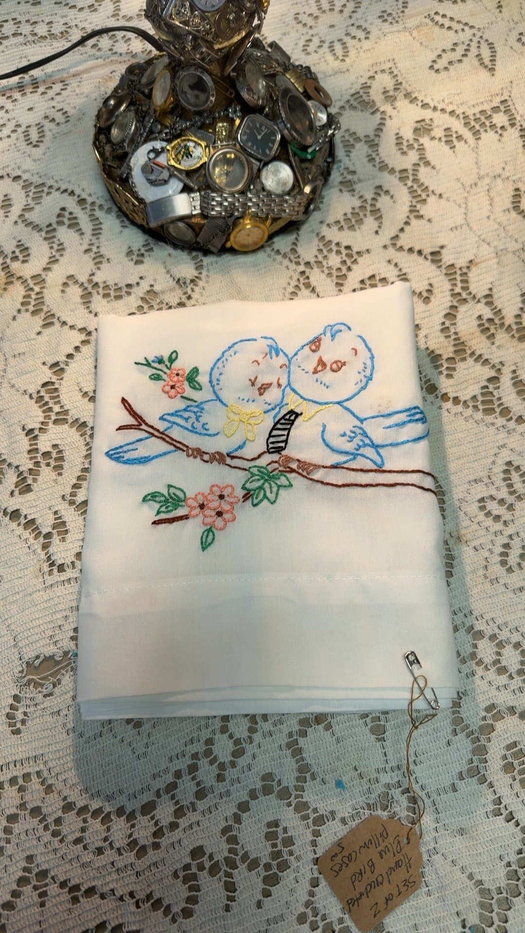 Vintage Embroidered Pillowcases with Bird Motif - Image 1