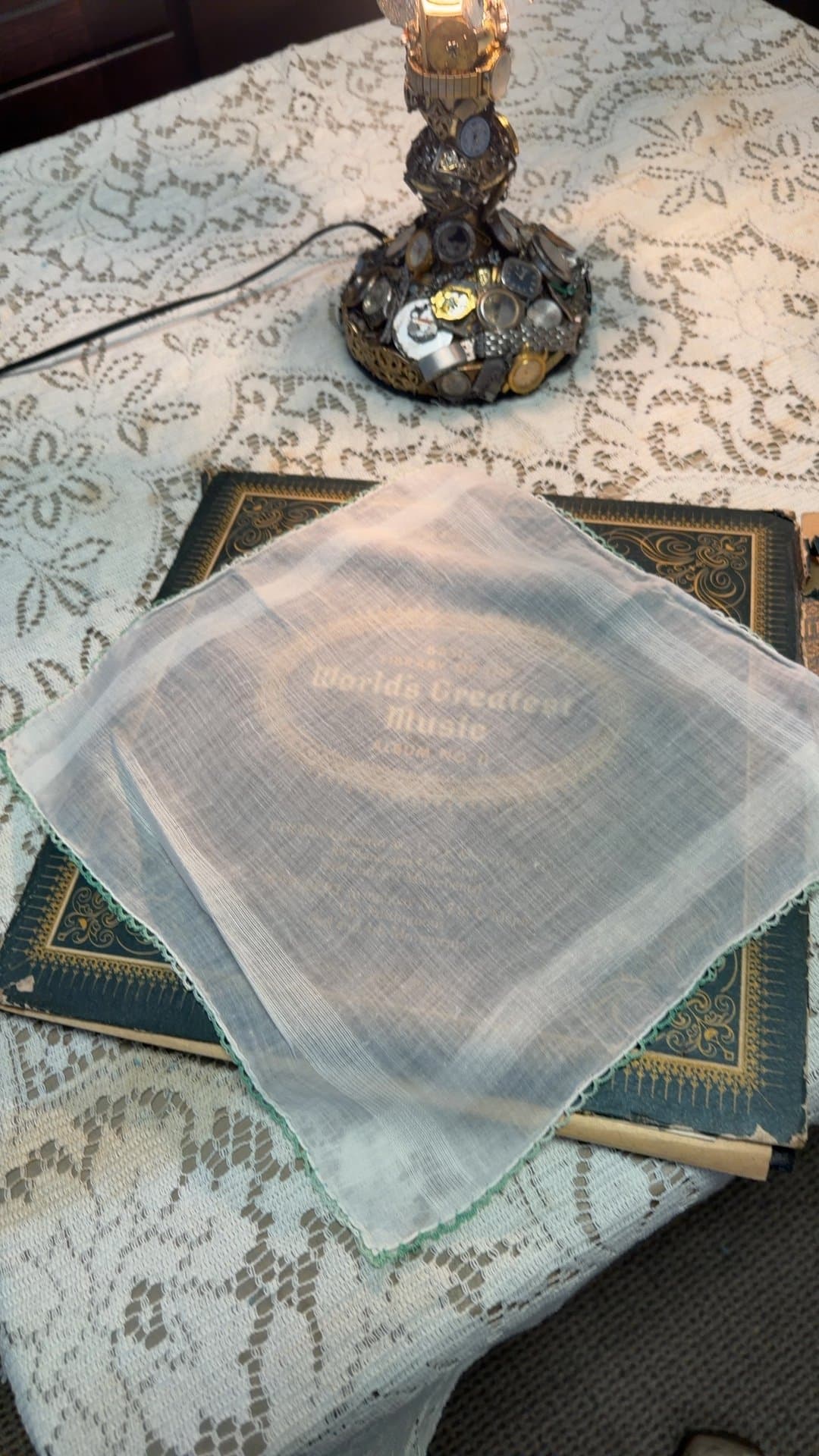 vintage handkerchief with green embroidered trim - Image 1