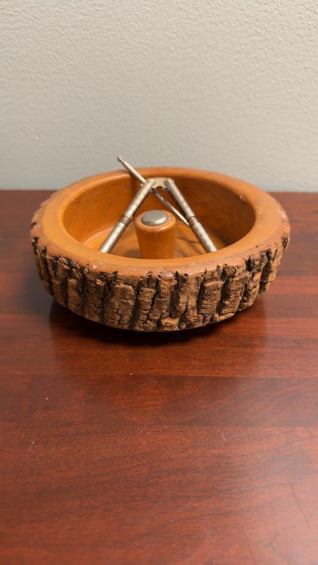 Vintage Wooden Nutcracker Bowl with Bark Edge - Image 1