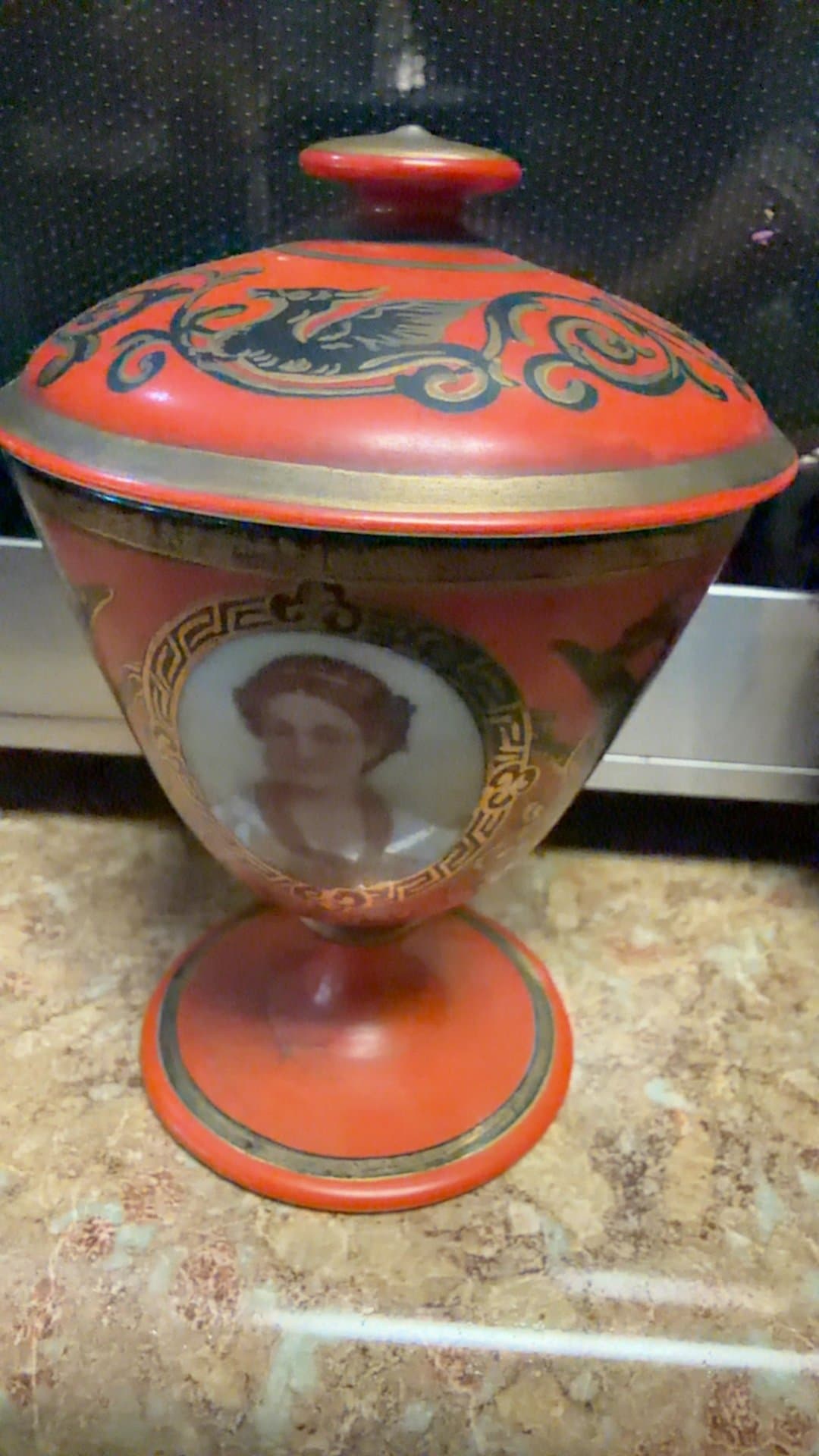 Antique Hand-Painted Opaline Glass Covered Pedestal Jar - Image 1