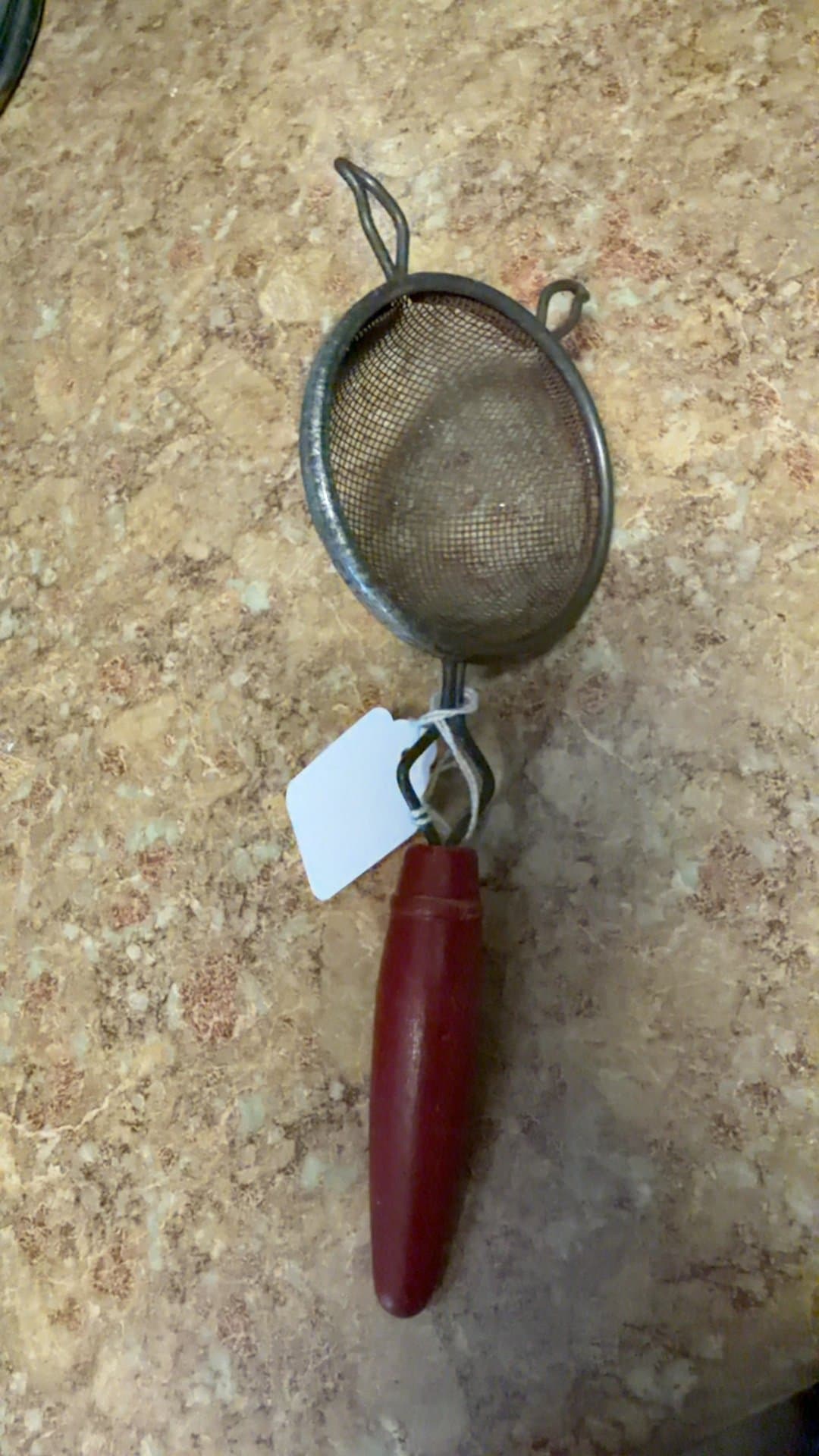 Vintage Wire Mesh Tea Strainer with Red Wooden Handle - Image 1