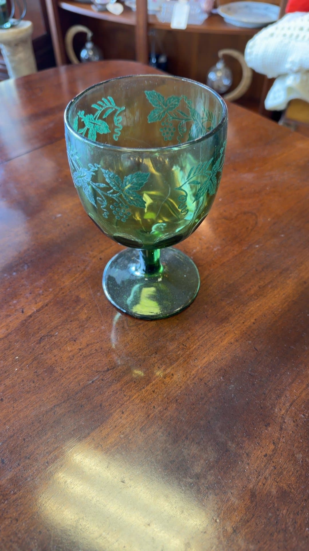 Vintage Green Glass Goblet with Grape Vine Etching - Image 1