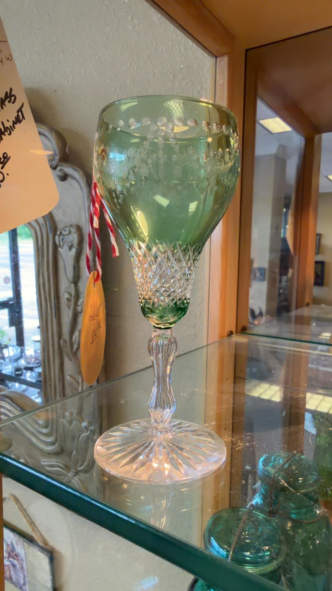 Green Etched Crystal Goblet