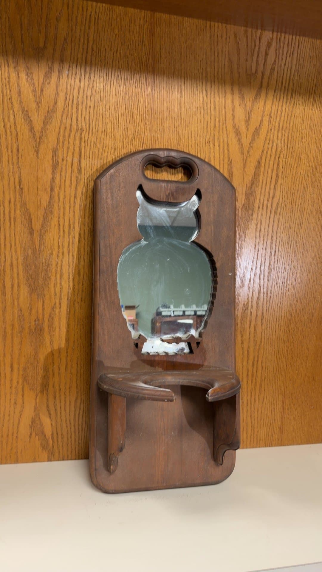 Vintage 1976 Handcrafted Wooden Owl Mirror Wall Sconce Shelf - Image 1