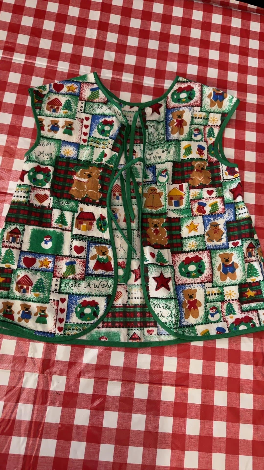 Handmade Christmas Teddy Bear Tie-Front Smock Apron Vest - Image 1