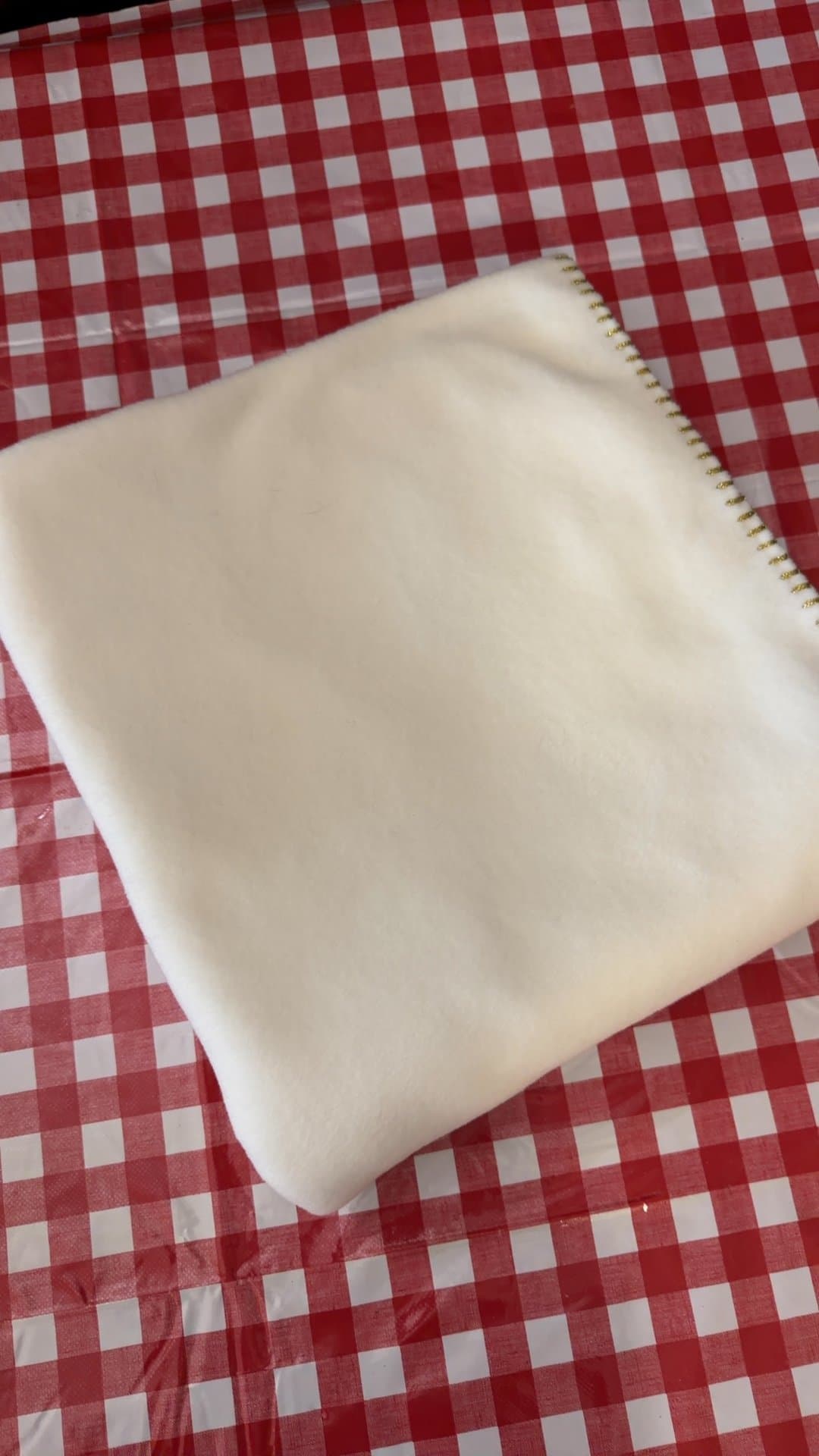 White Fleece Blanket with Gold Blanket Stitching Edge - Image 1