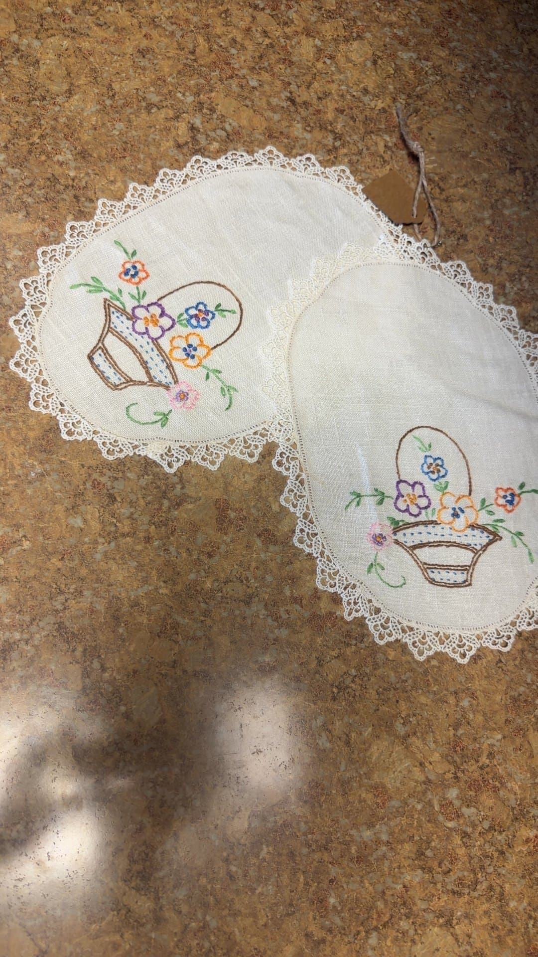 Vintage Embroidered Doilies with Floral Basket Motif - Image 1