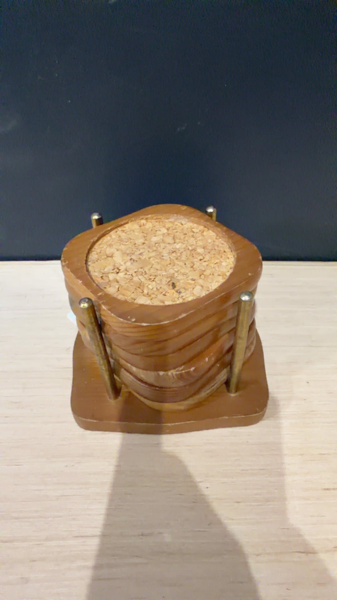 Vintage Wooden Coaster Set with Holder and Cork Inserts - Image 1