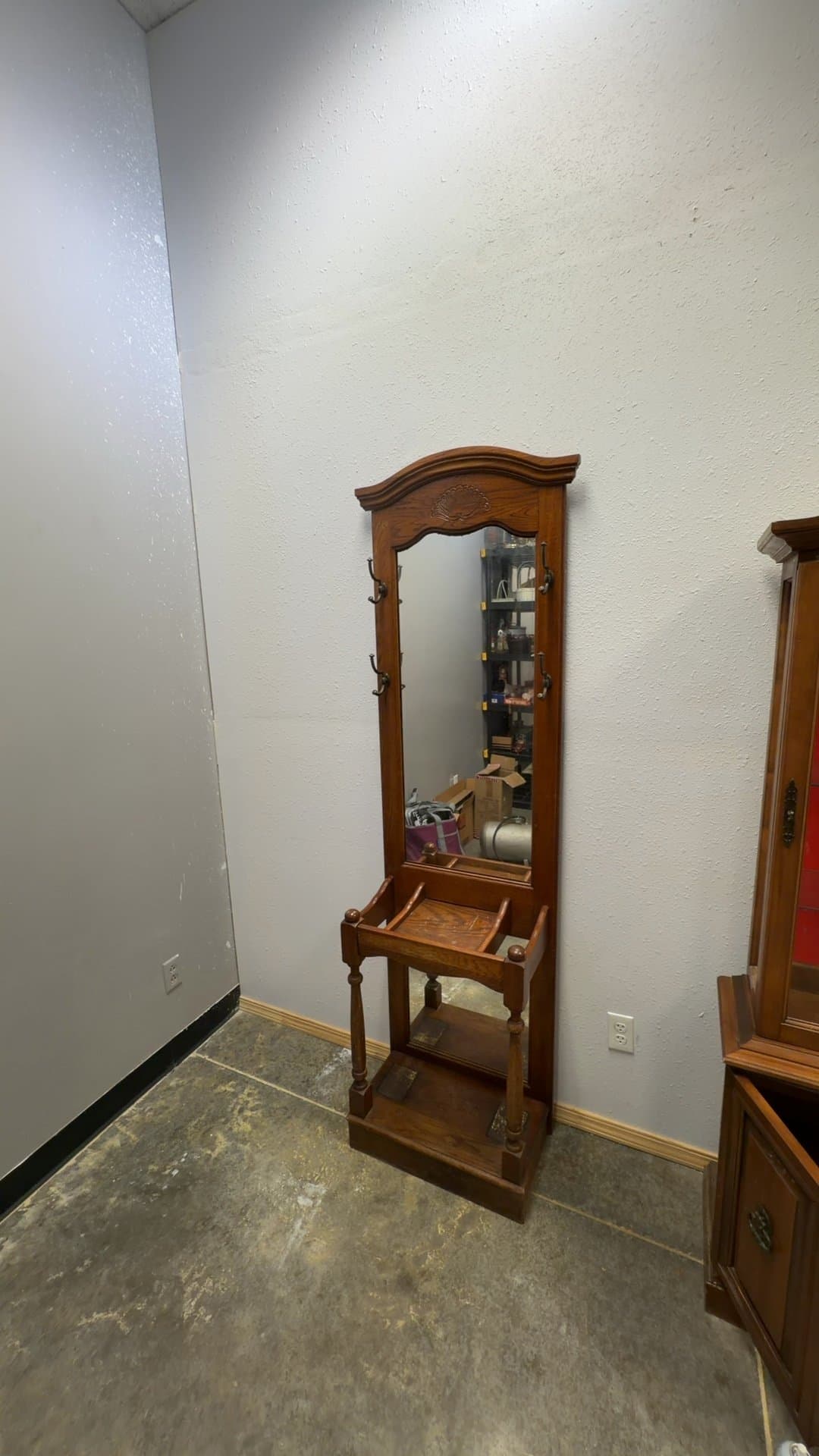 Vintage Oak Hall Tree with Mirror and Umbrella Stand - Image 1