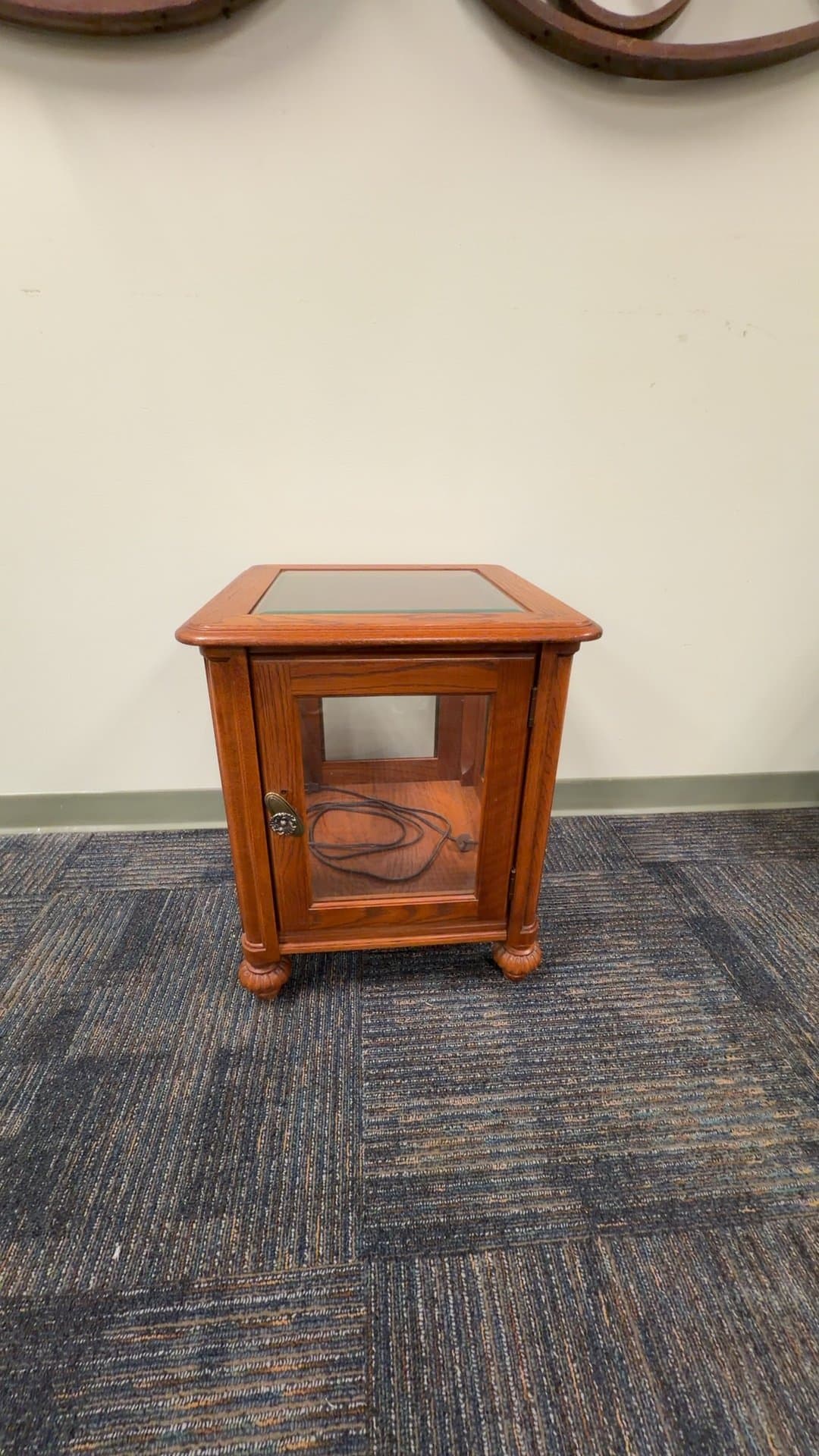 Vintage Oak Glass-Panel Curio End Table with Interior Light - Image 1