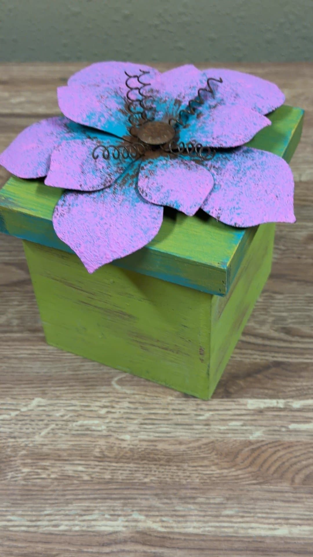 Decorative Wooden Box with Metal Flower Lid - Image 1