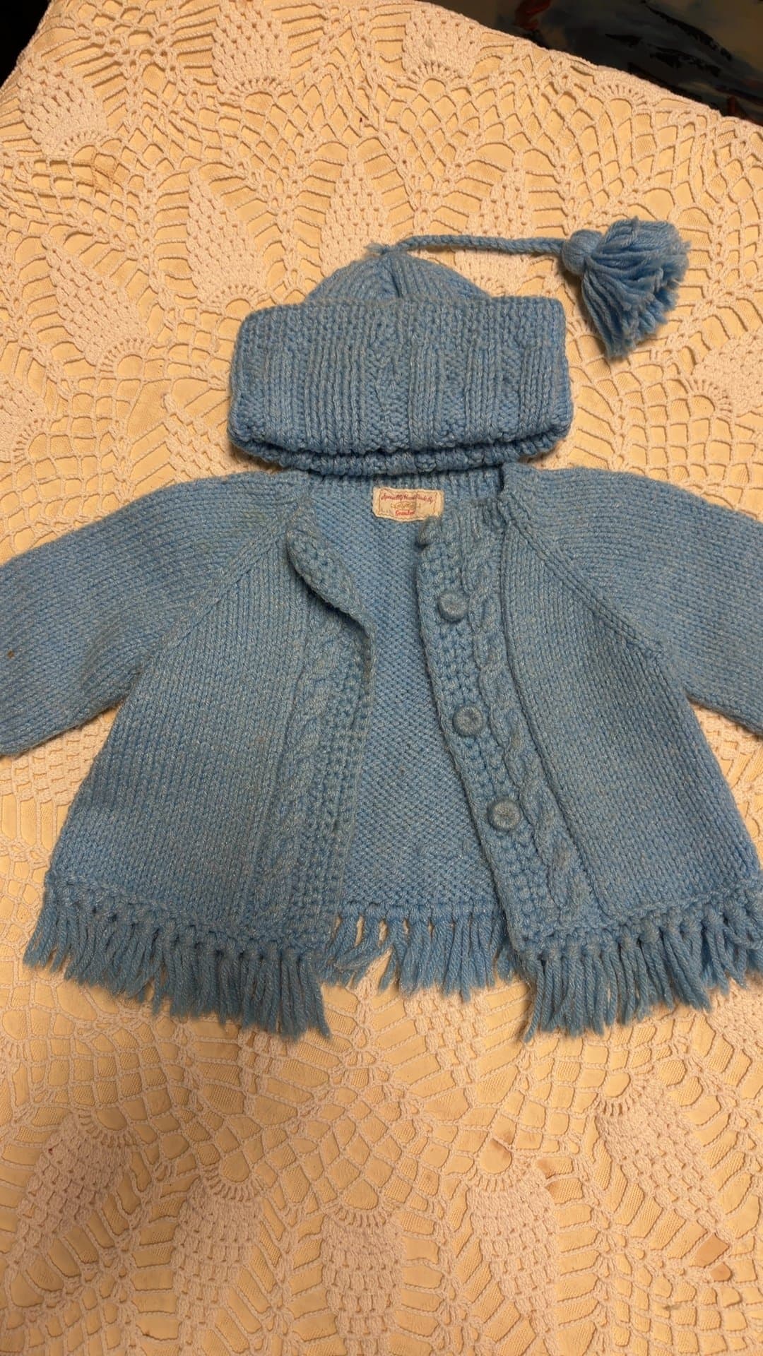 Handmade Vintage Blue Knitted Baby Sweater and Hat Set - Image 1