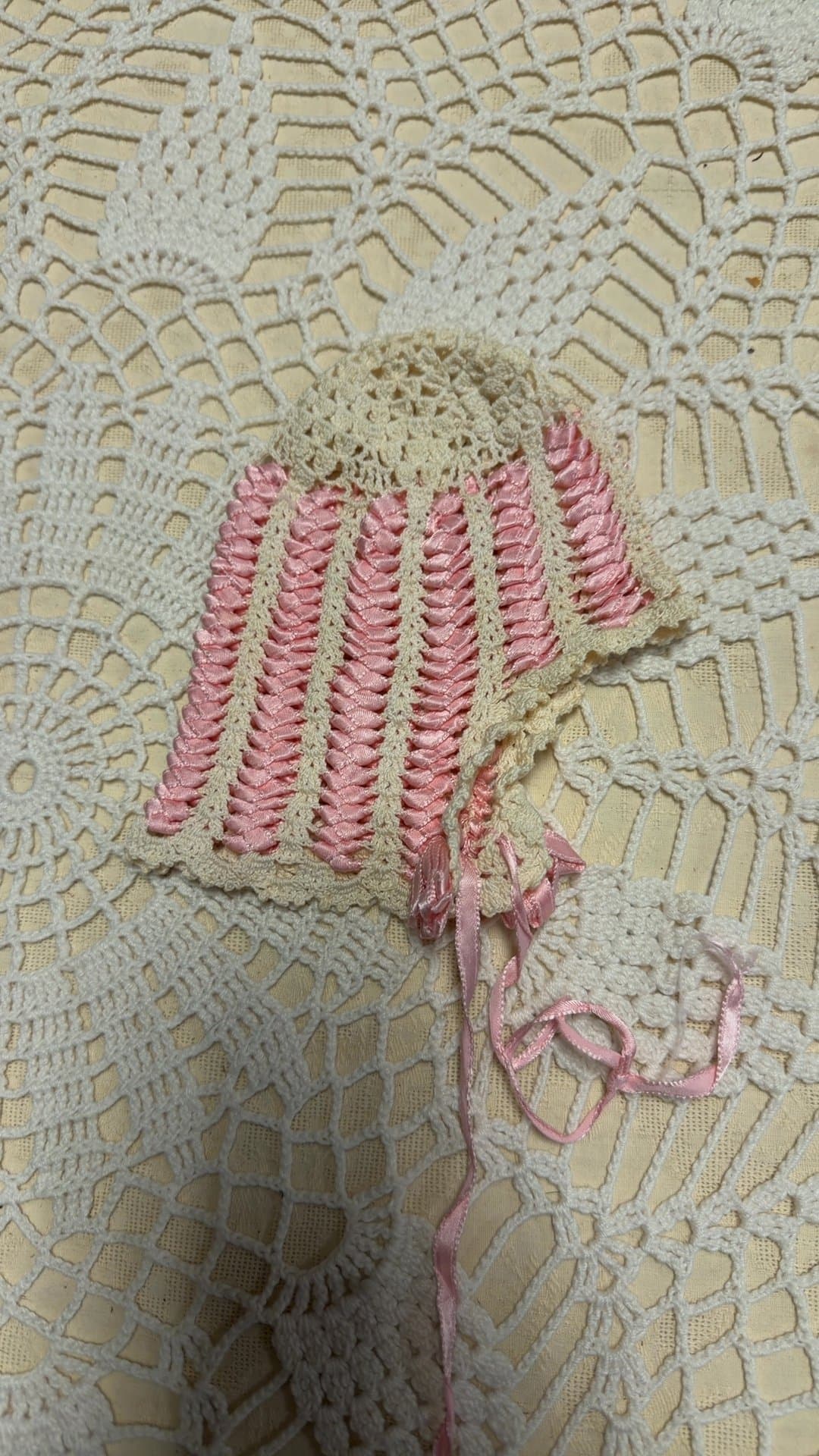 Vintage Crocheted Baby Bonnet with Pink Ribbon - Image 1