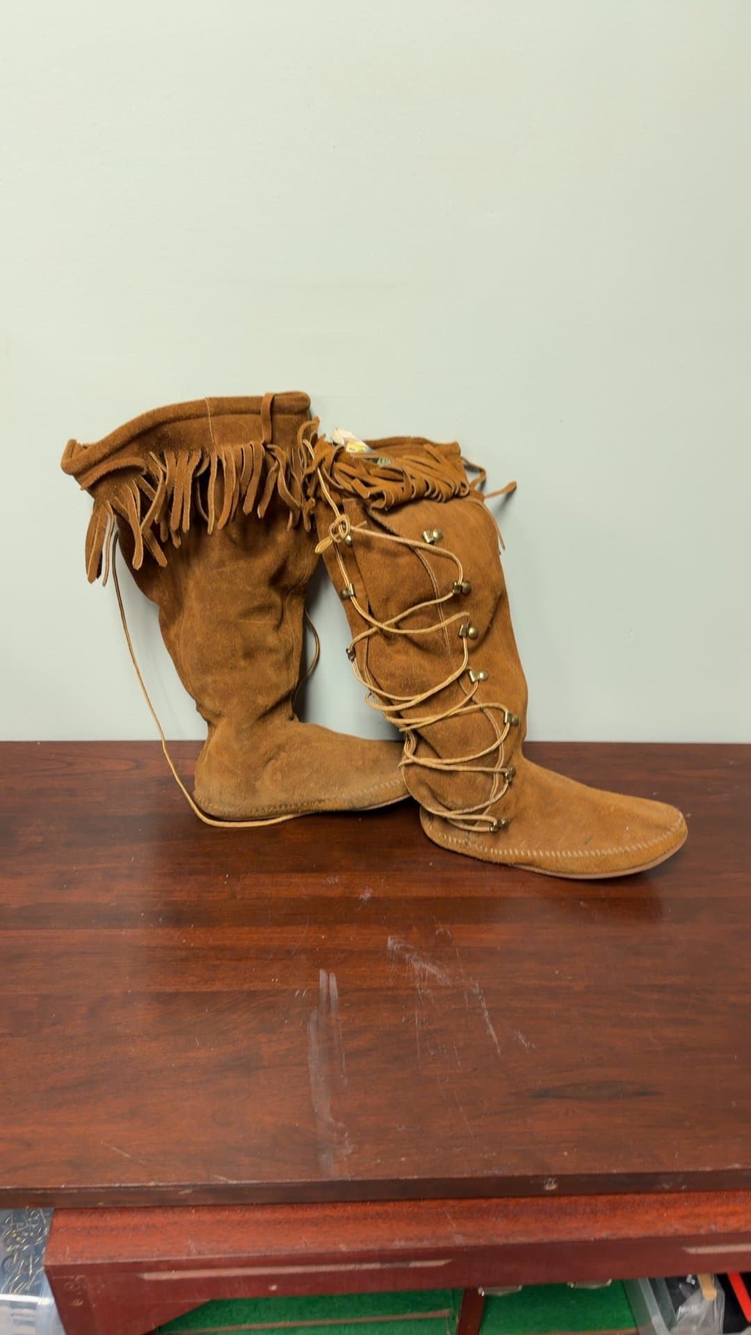 Vintage Suede Fringe Moccasin Boots - Image 1