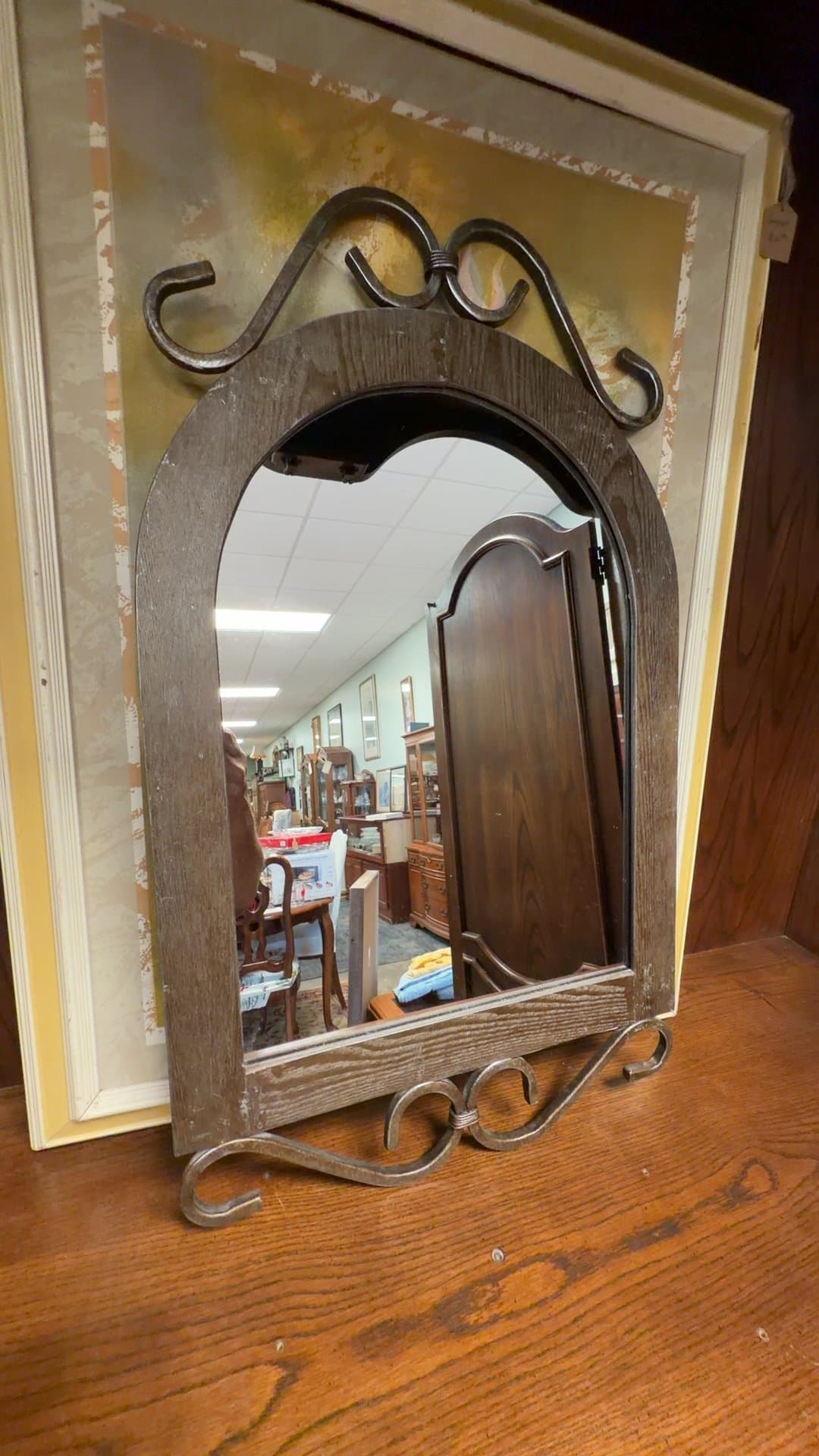 Vintage Arched Wall Mirror with Metal Scrollwork - Image 1