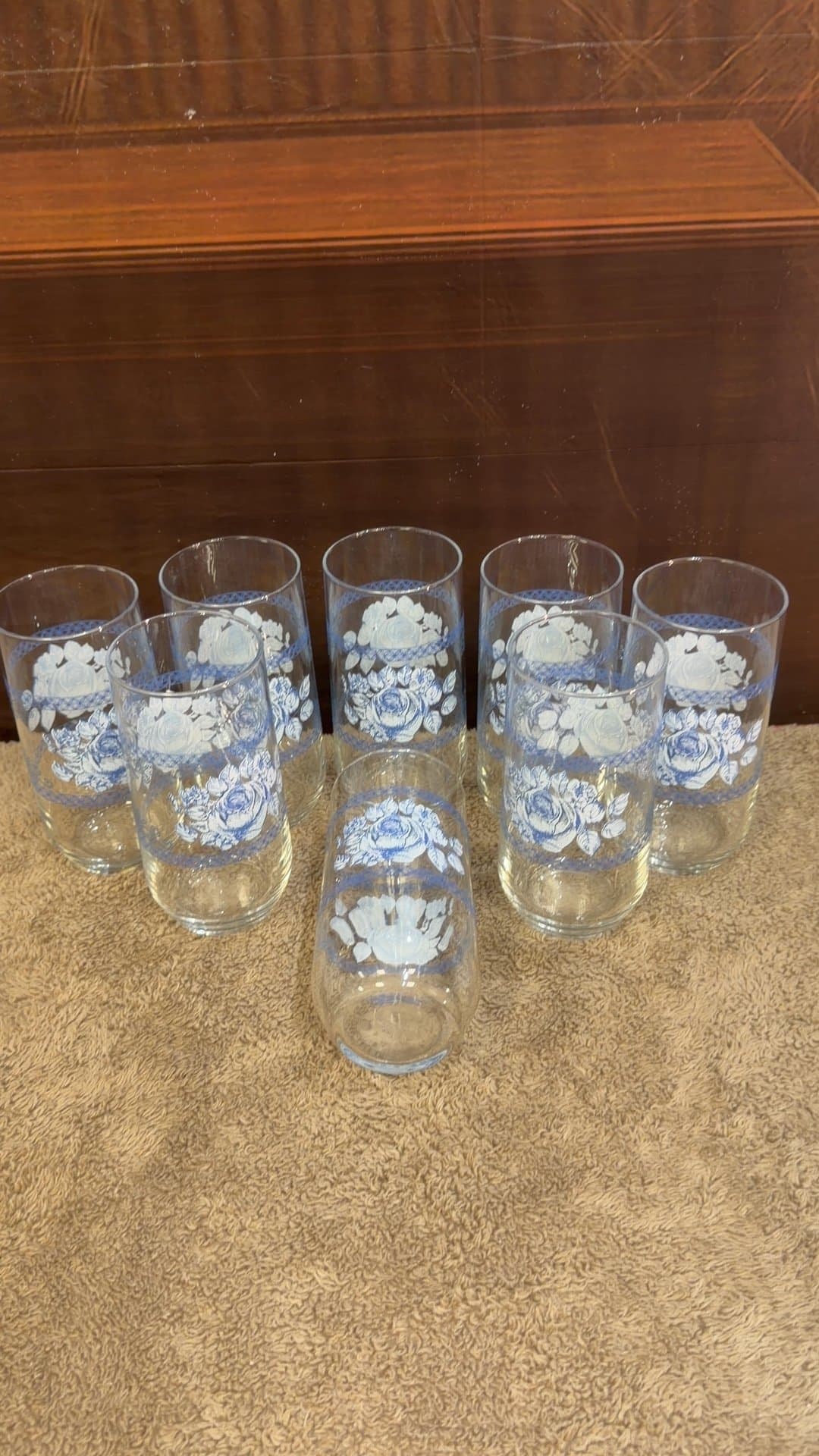 Vintage Blue Rose Floral Clear Glass Tumbler Set of 8 - Image 1