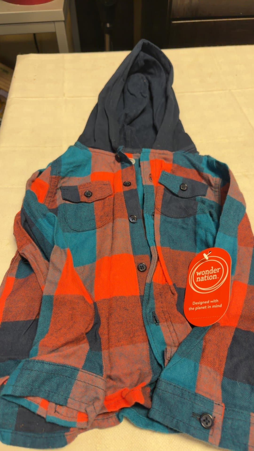 Wonder Nation 5T Blue Plaid Hooded Flannel, NWT - Image 1
