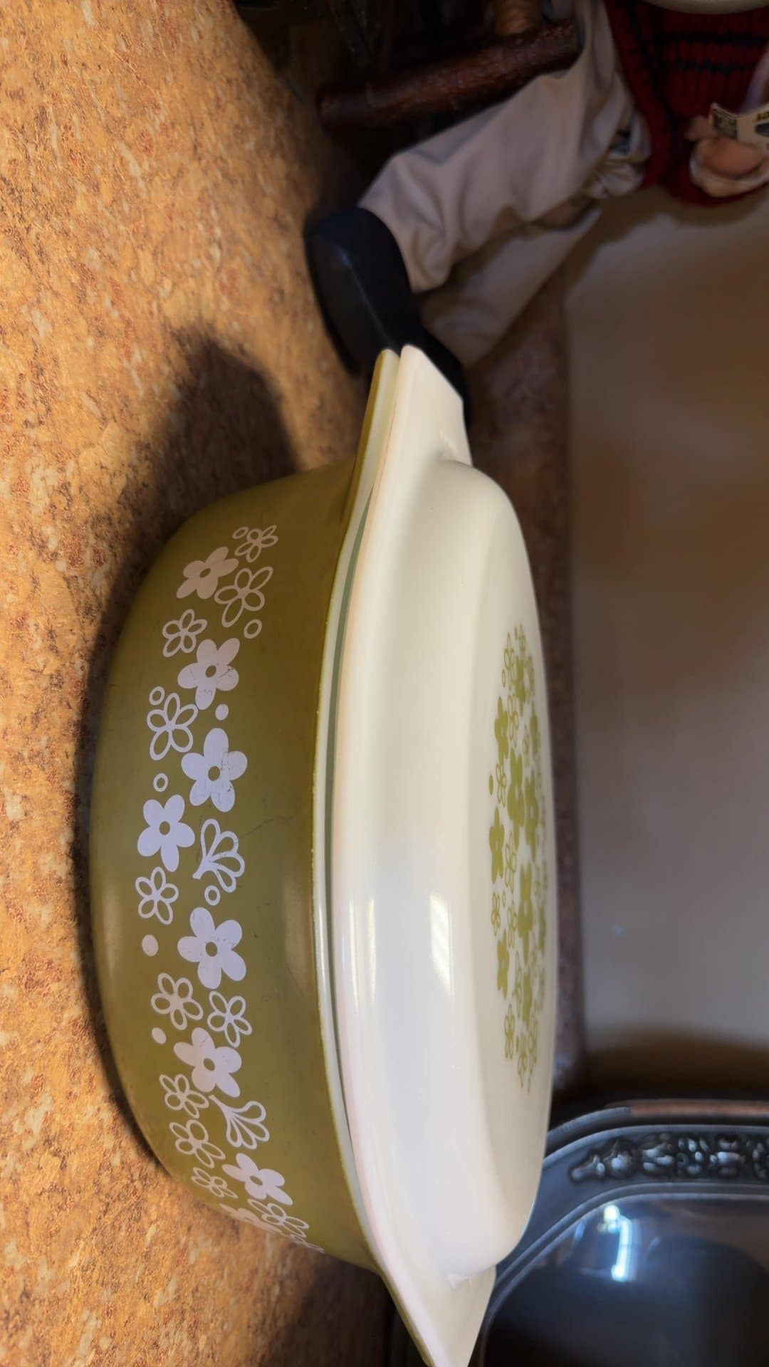 Vintage Pyrex Green Floral Casserole Dish with Lid - Image 1