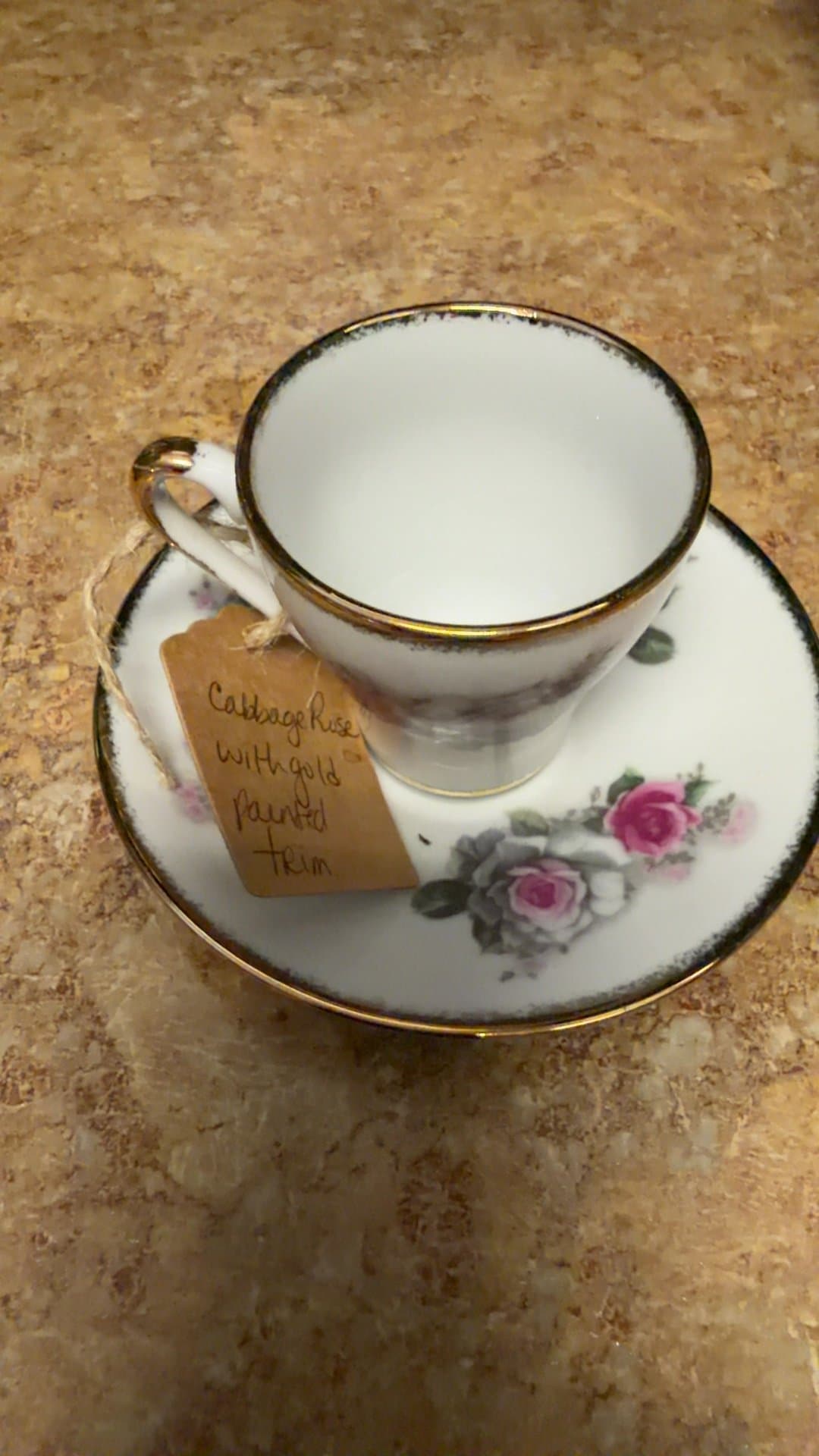 Porcelain Teacup and Saucer Set with Cabbage Rose Pattern and Gold Trim - Image 1