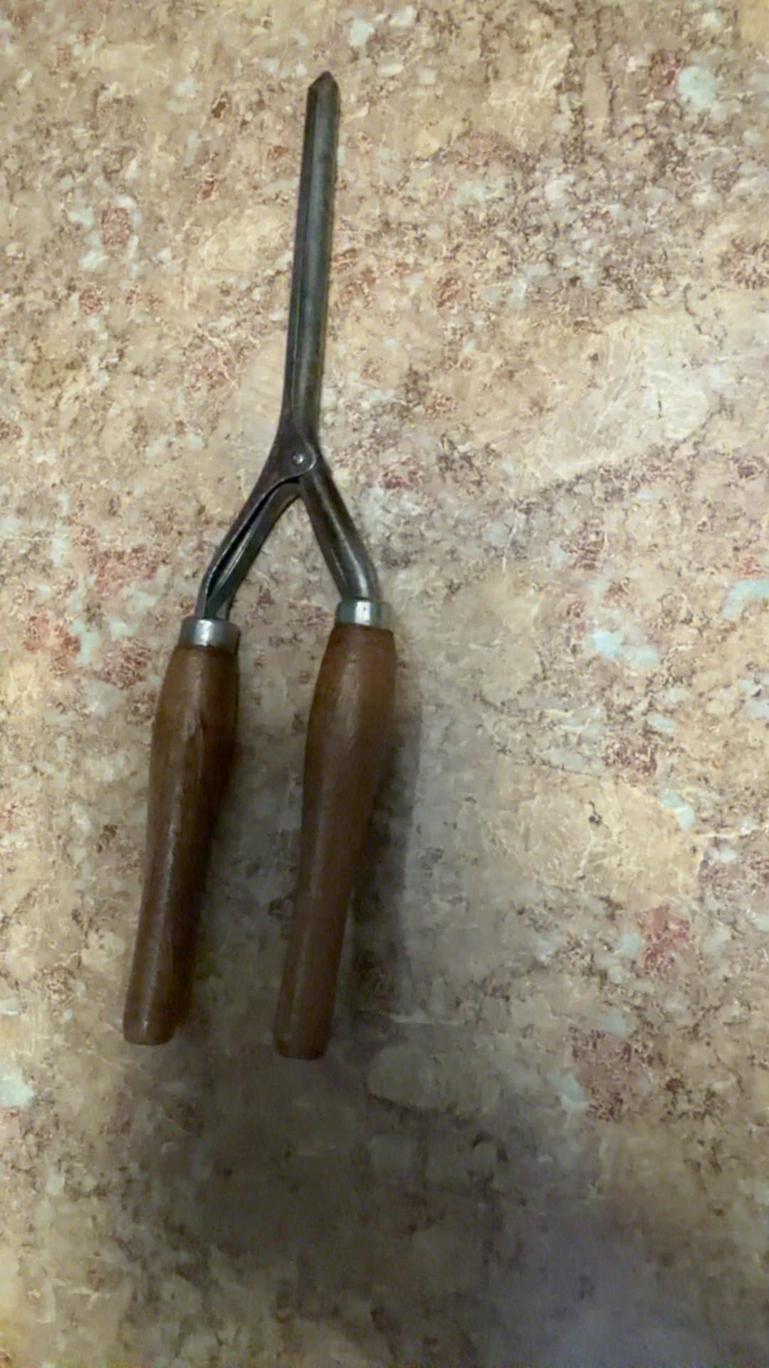 Vintage Non-Electric Stove Hair Curling Iron with Wooden Handles - Image 1