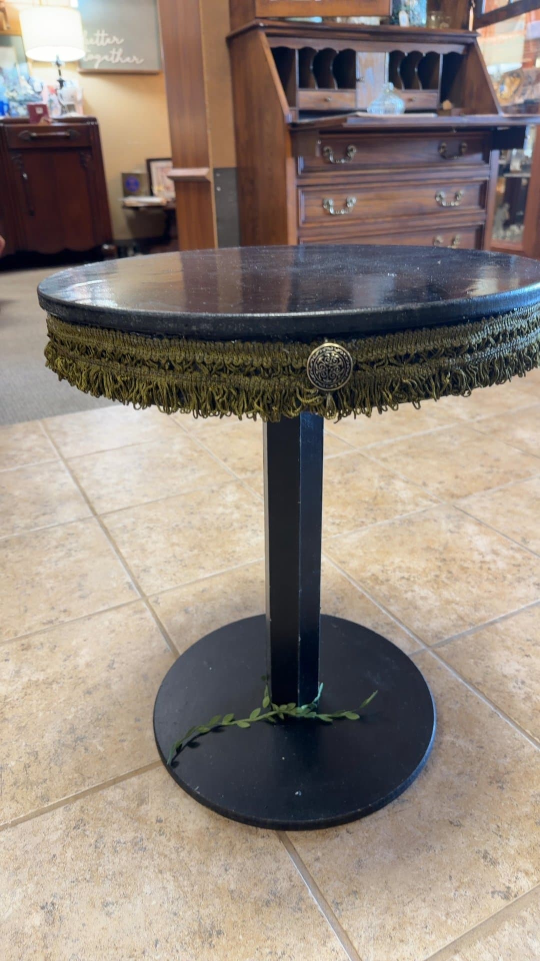 Round Pedestal Side Table with Fringe Trim - Image 1
