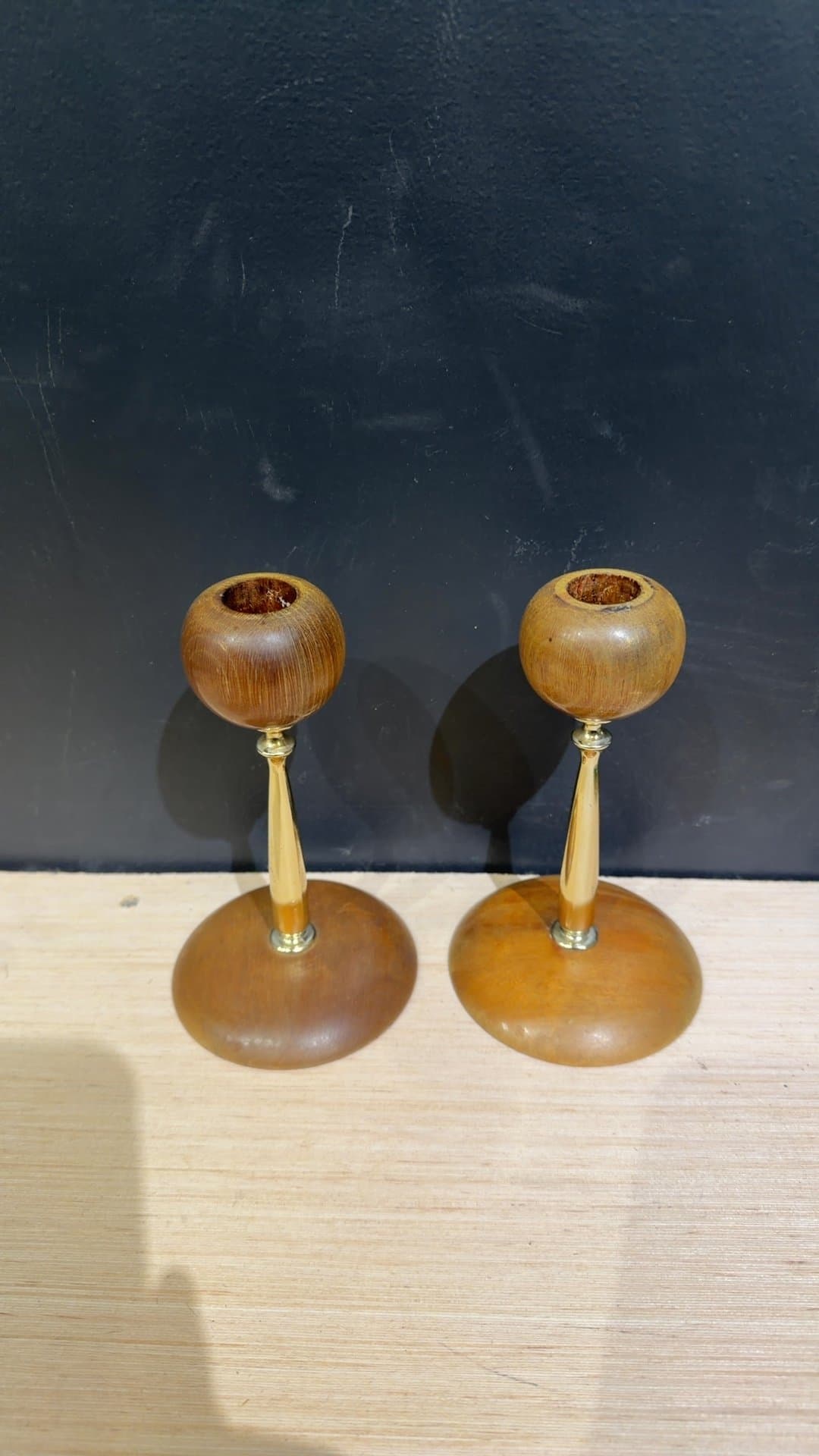 Mid-Century Modern Teak and Brass Candle Holders Pair - Image 1