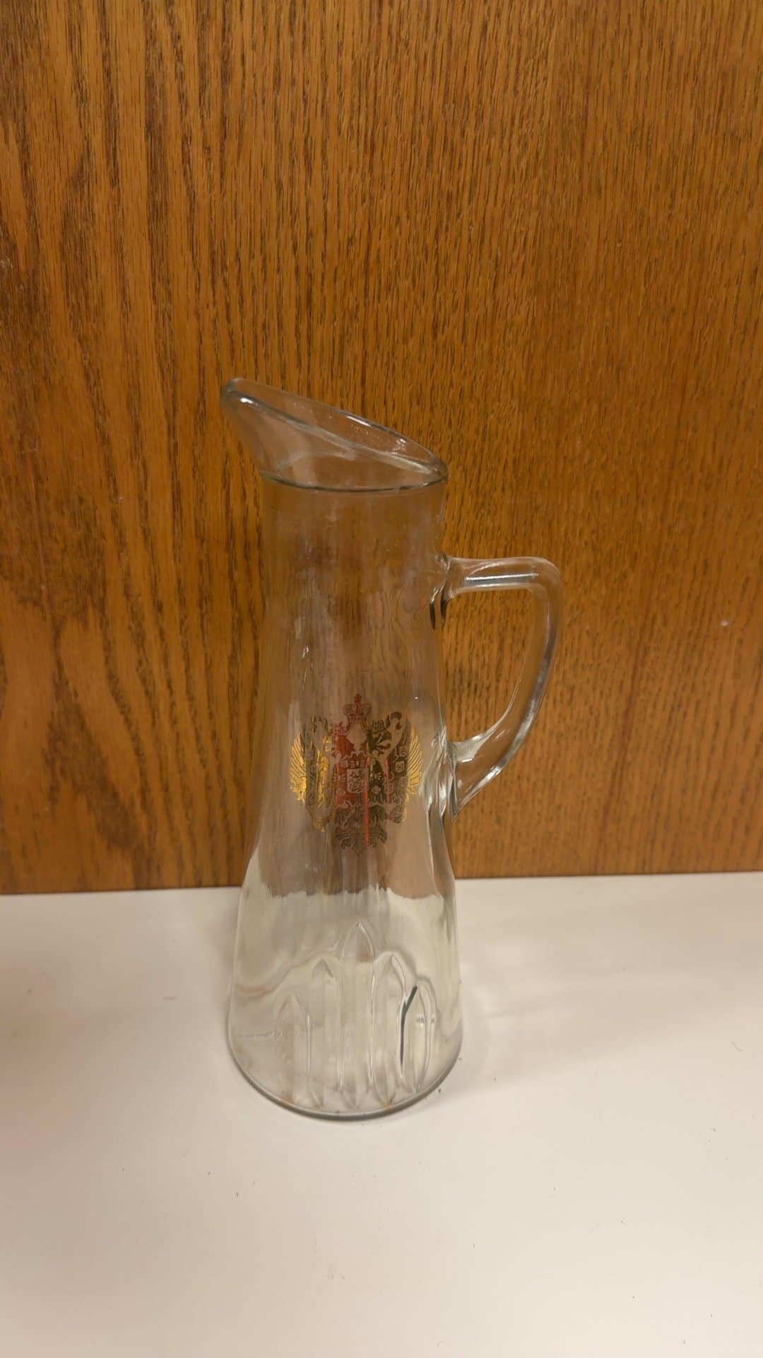 Vintage Glass Pitcher with Gold Imperial Russian Coat of Arms Crest - Image 1