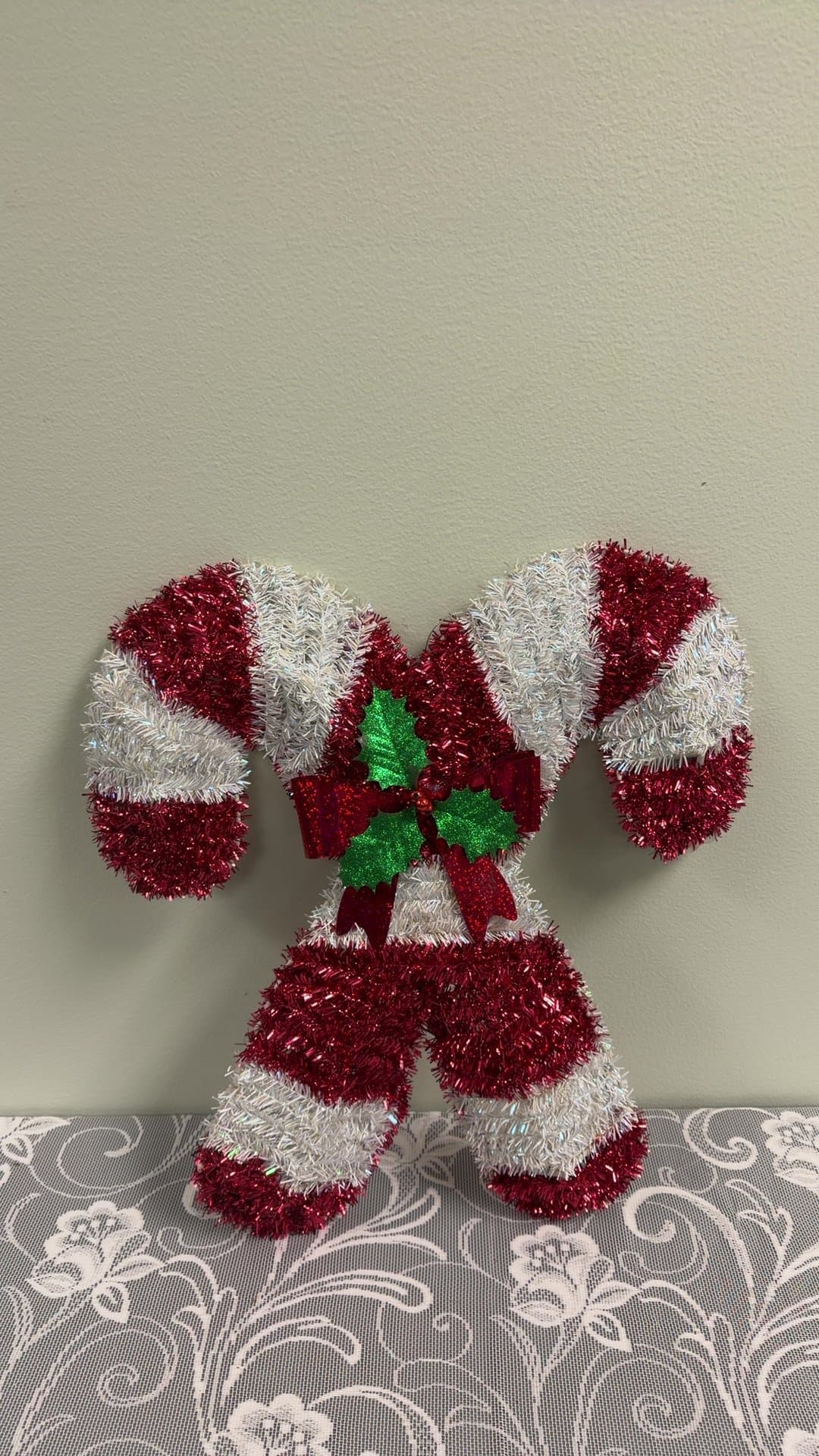 Tinsel Crossed Candy Canes Wall Hanging Decoration - Image 1