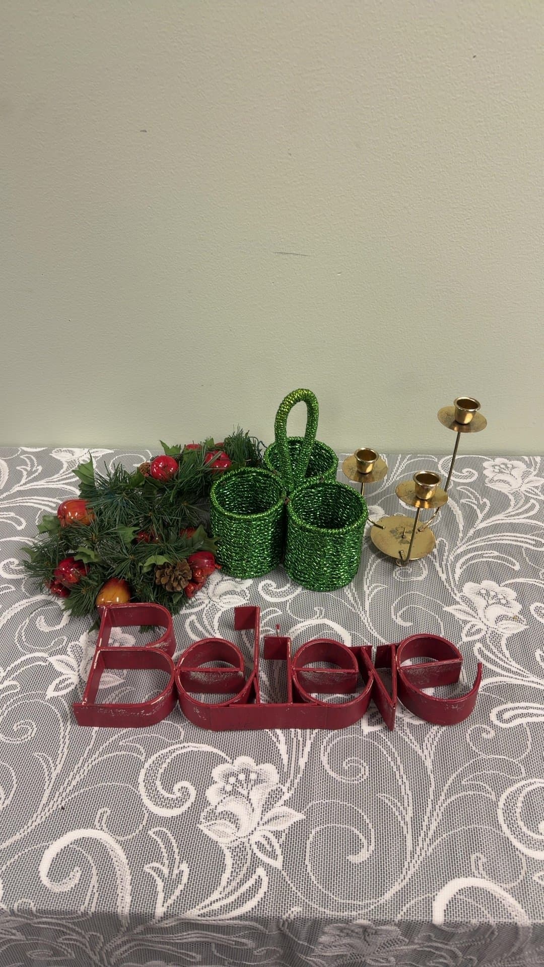 Christmas Holiday Decor Lot with Red 'Believe' Metal Sign, Garland, Green Caddy, and Candelabra - Image 1