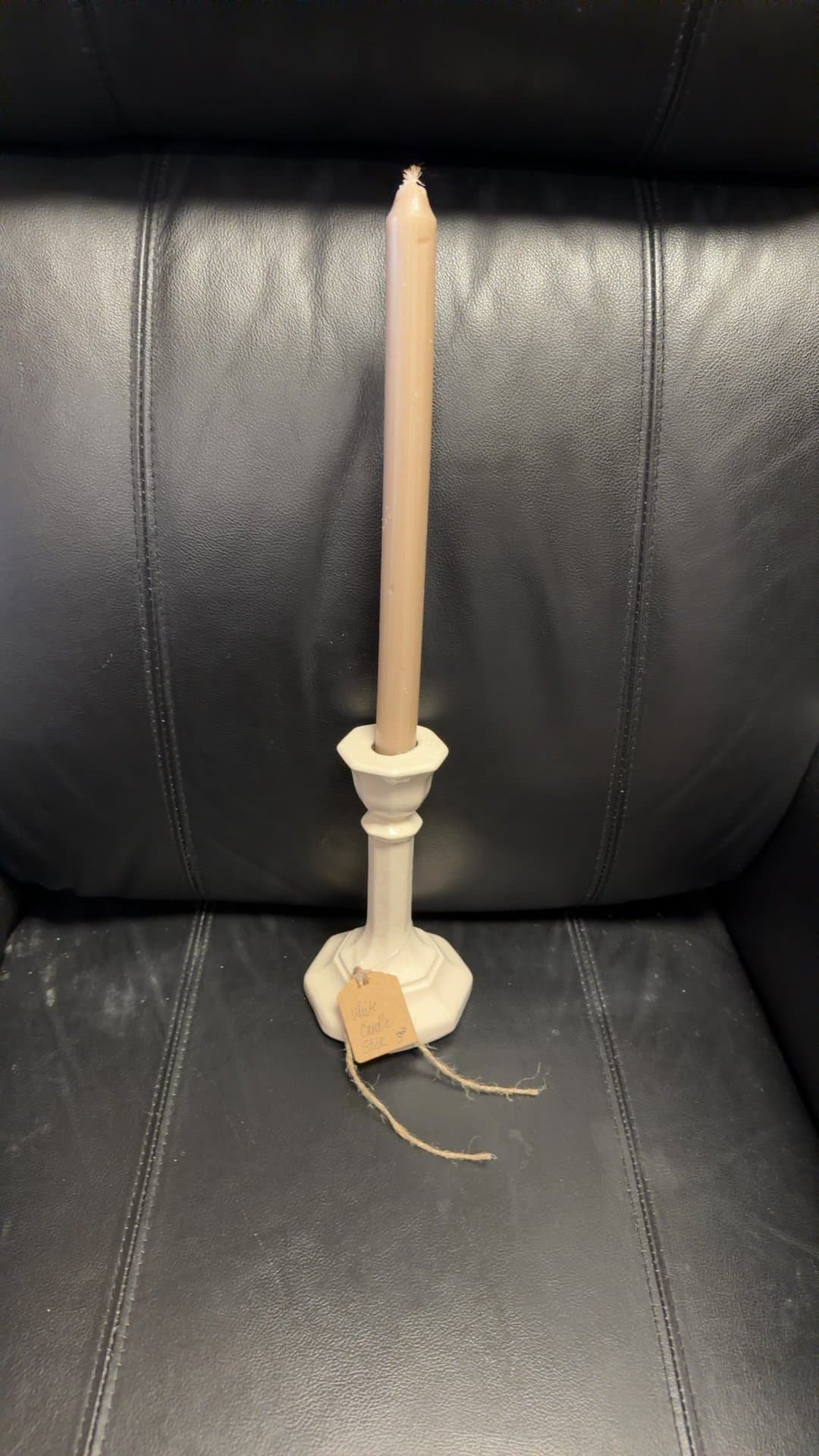 White Ceramic Candlestick with Taper Candle - Image 1