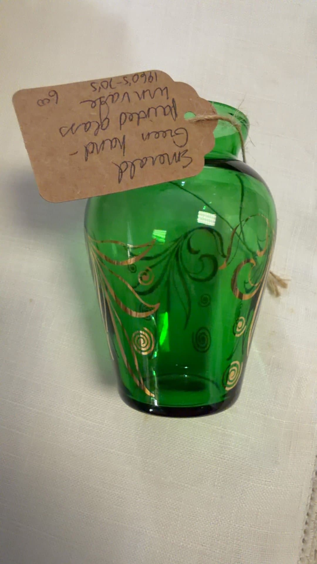 Vintage Hand-Painted Green Glass Vase - Image 1