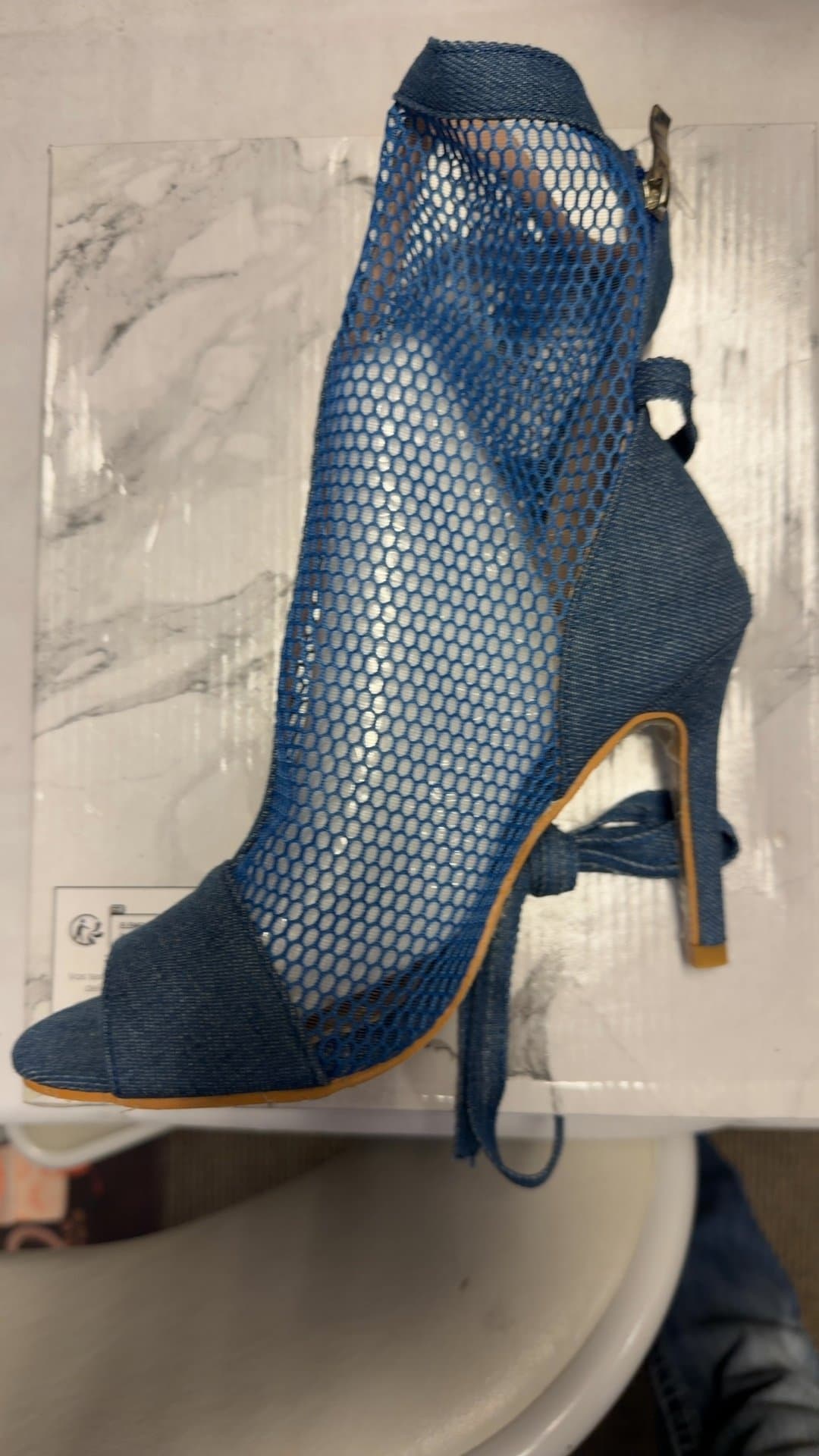 Denim Fishnet Open-Toe High Heel Ankle Boots (size 5.5-6) - Image 1