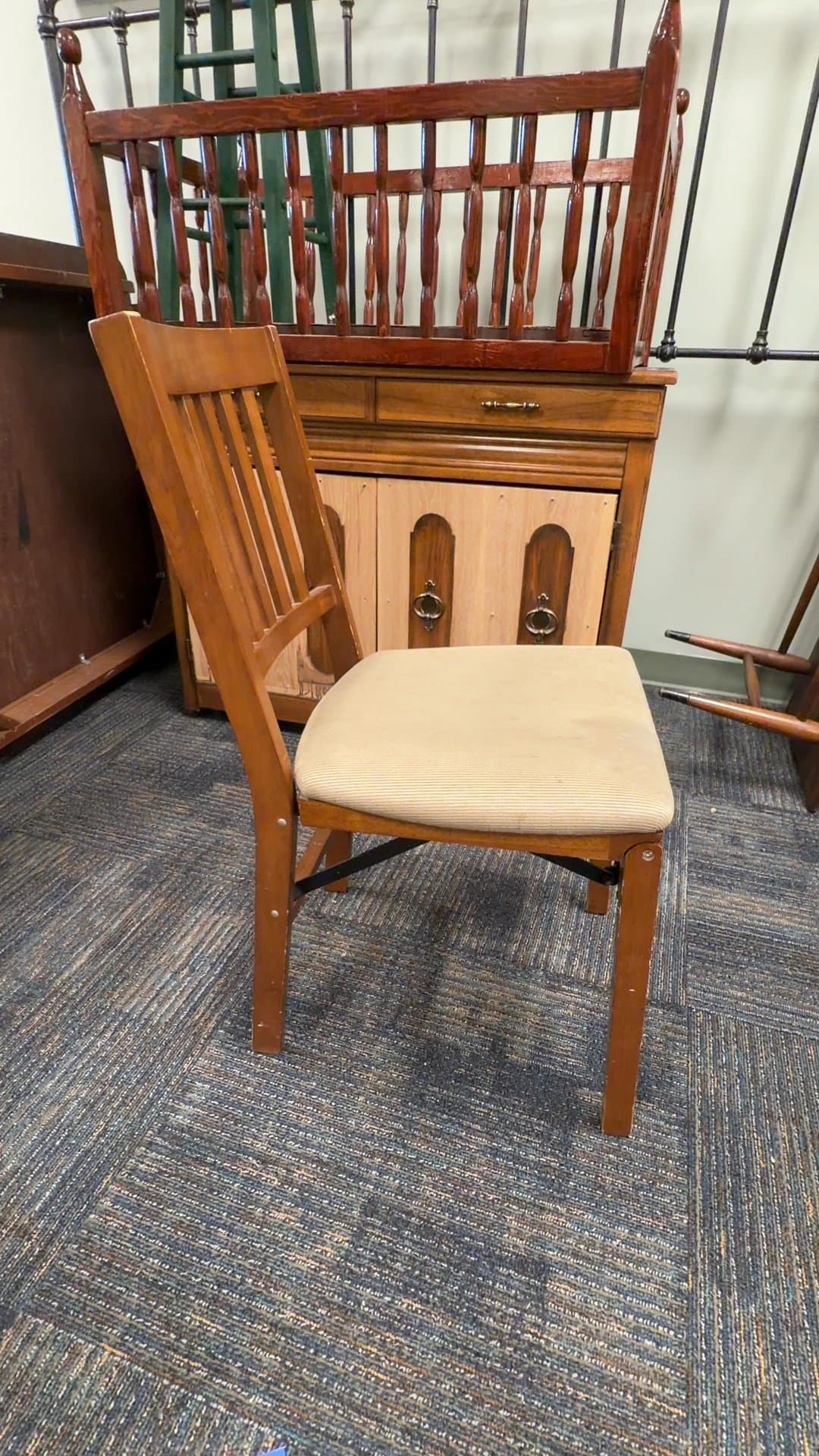 Vintage Wooden Folding Chair with Padded Seat - Image 1