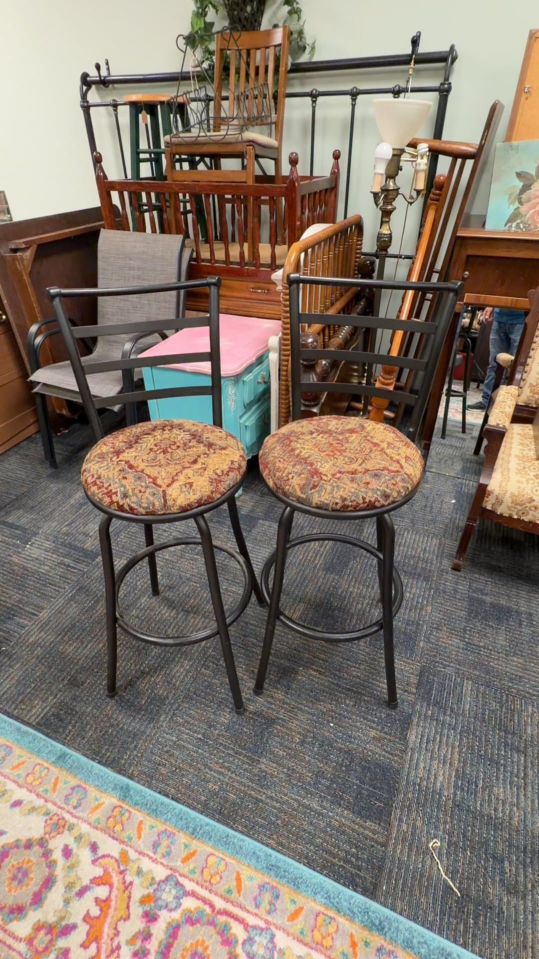 Pair of Metal Swivel Bar Stools, Tapestry Seats - Image 1