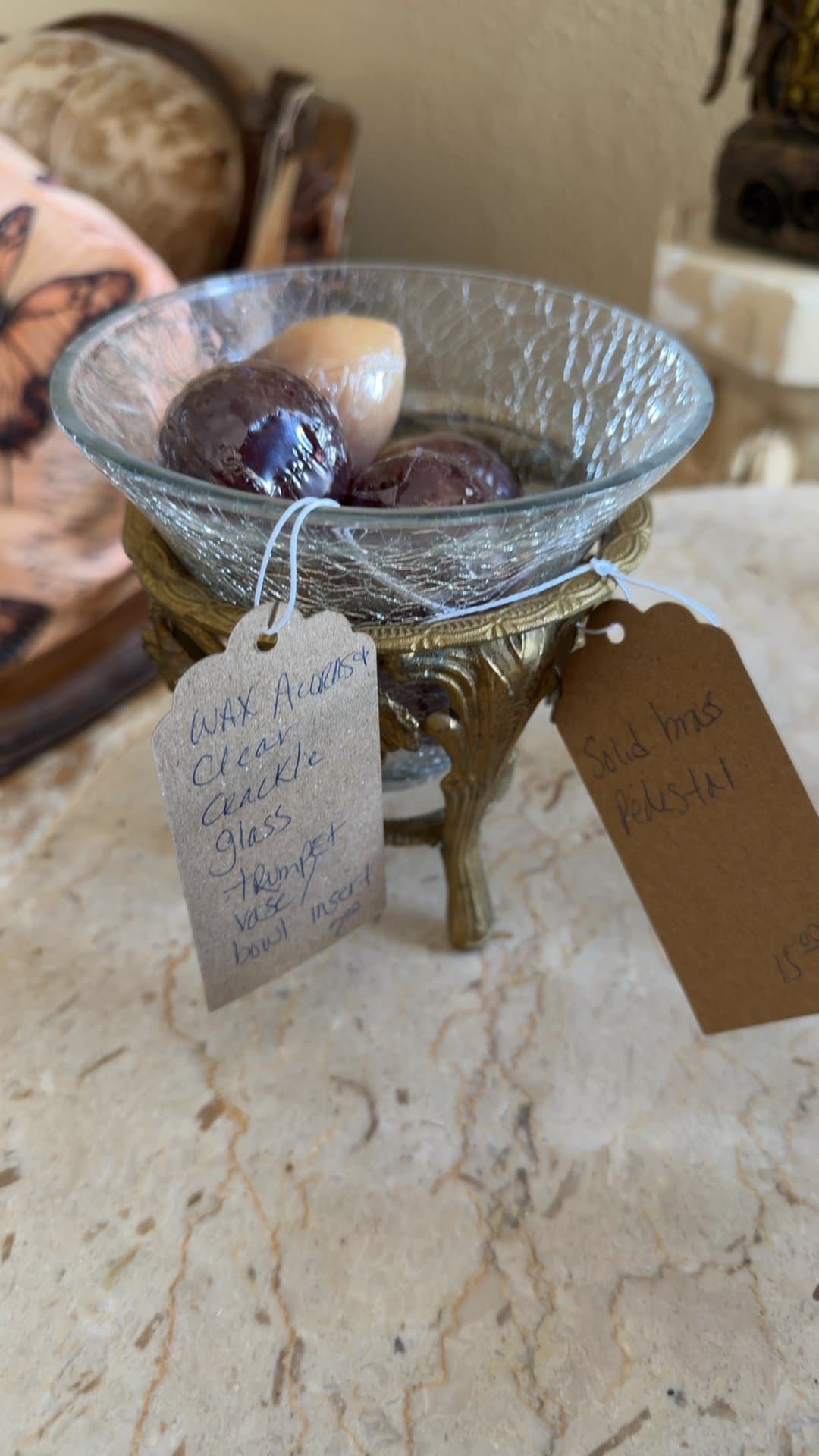 Crackle Glass Bowl with Solid Brass Pedestal - Image 1